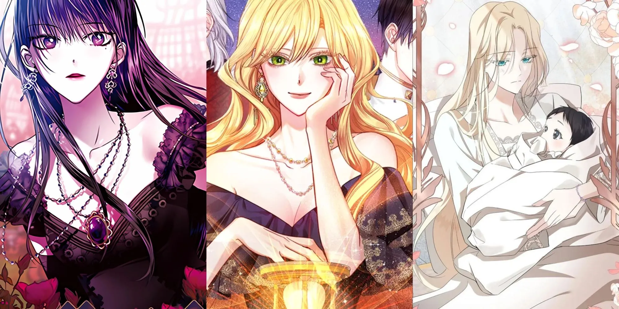Ảnh ghép bìa các manhwa nữ phản diện nổi bật: Your Throne, The Villainess Turns the Hourglass, The Villainess Lives Again
