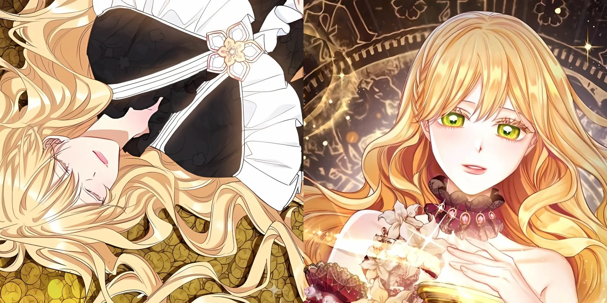 Bìa manhwa The Villainess Turns the Hourglass nổi bật với hình ảnh nữ chính Aria Roscente và chiếc đồng hồ cát.