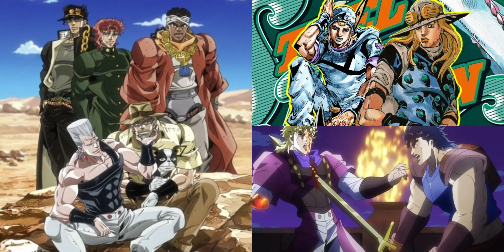 Các hình ảnh đại diện cho các phần khác nhau của JoJo's Bizarre Adventure