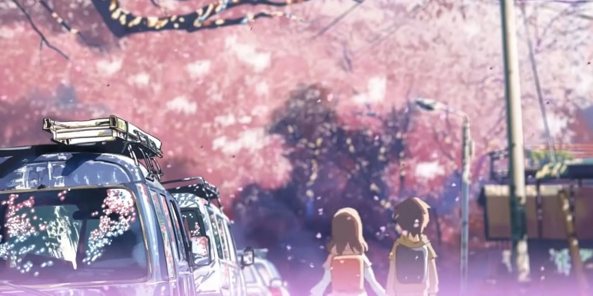 Cảnh biểu tượng giữa Takaki và Akari trong 5 Centimeters Per Second dưới tán hoa anh đào