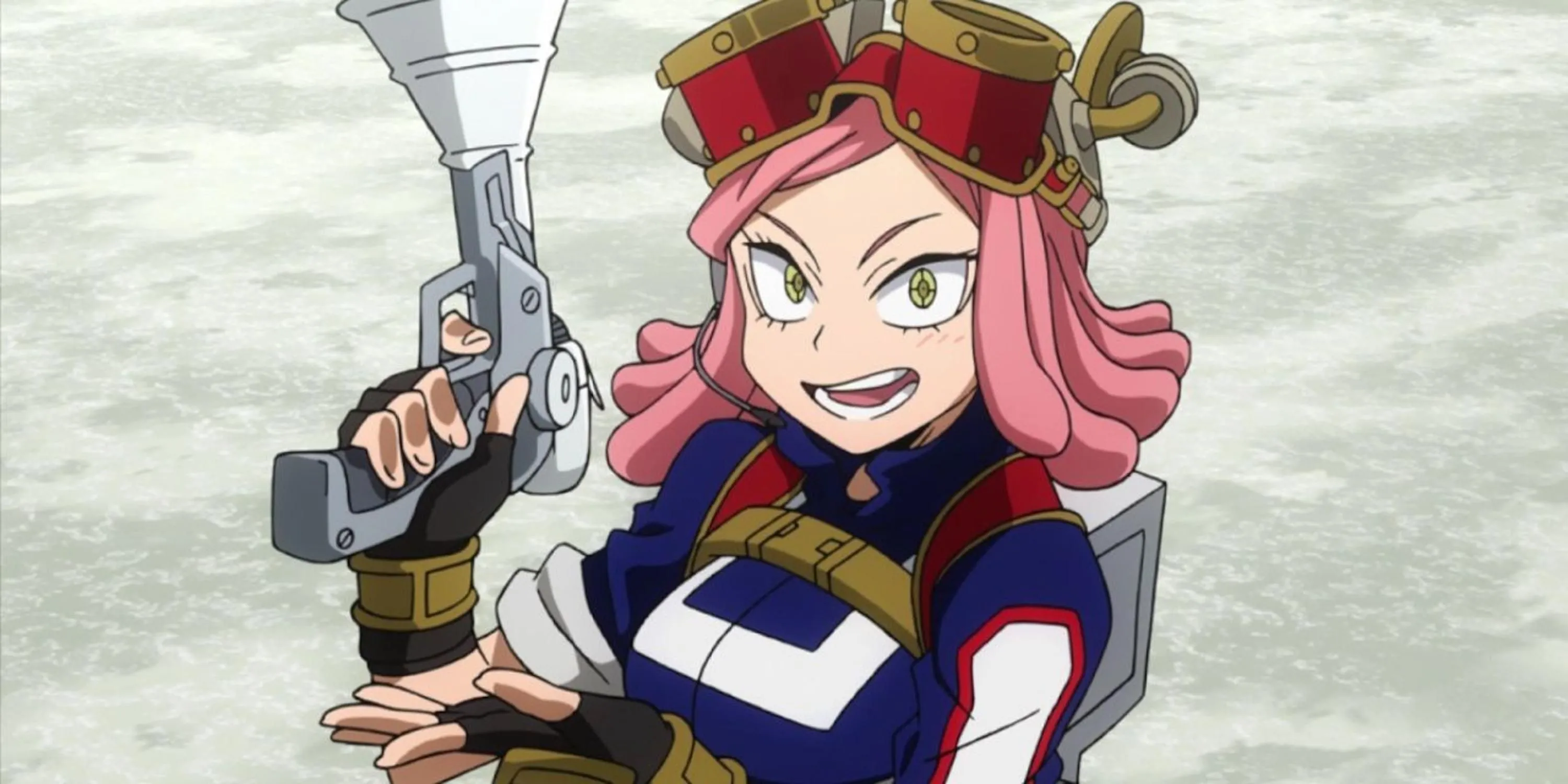 Cô gái thiên tài Mei Hatsume với kính bảo hộ đang cười trong My Hero Academia