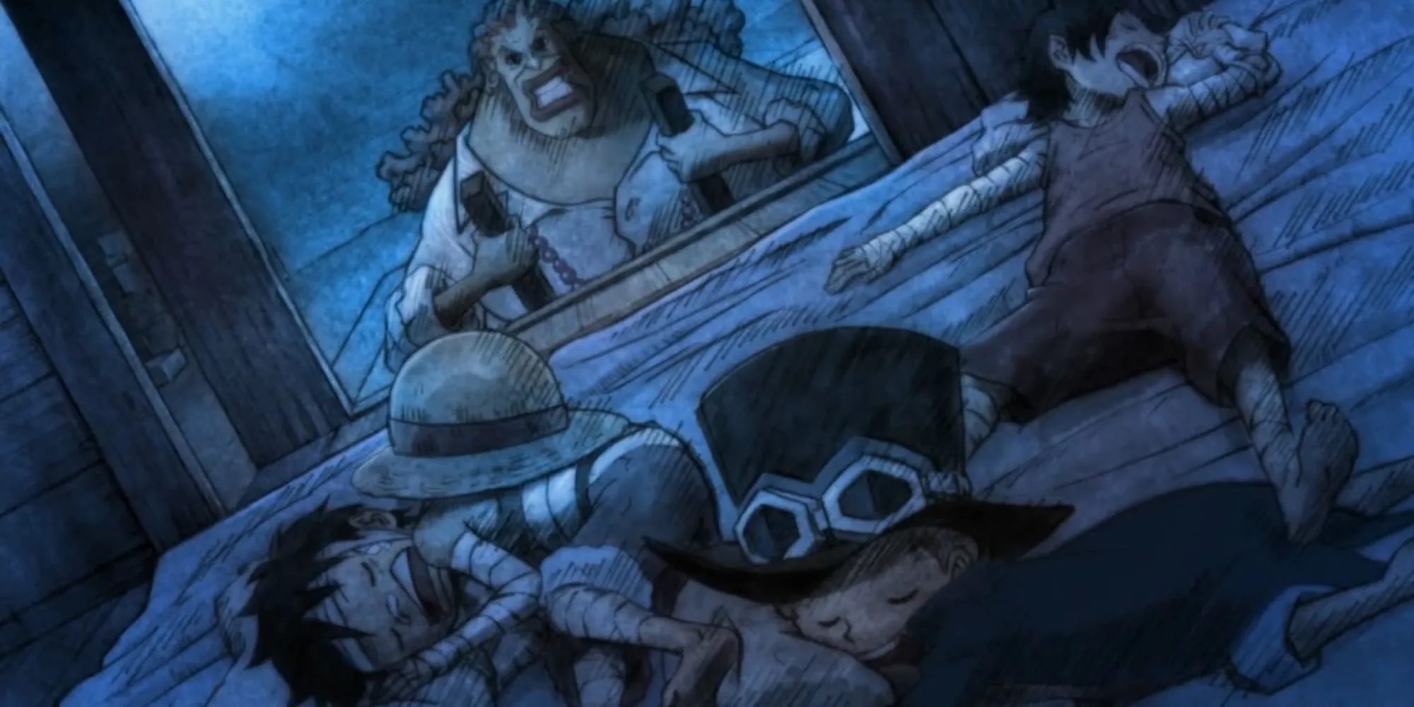 Dadan cùng ba anh em kết nghĩa Ace, Sabo, Luffy thời thơ ấu