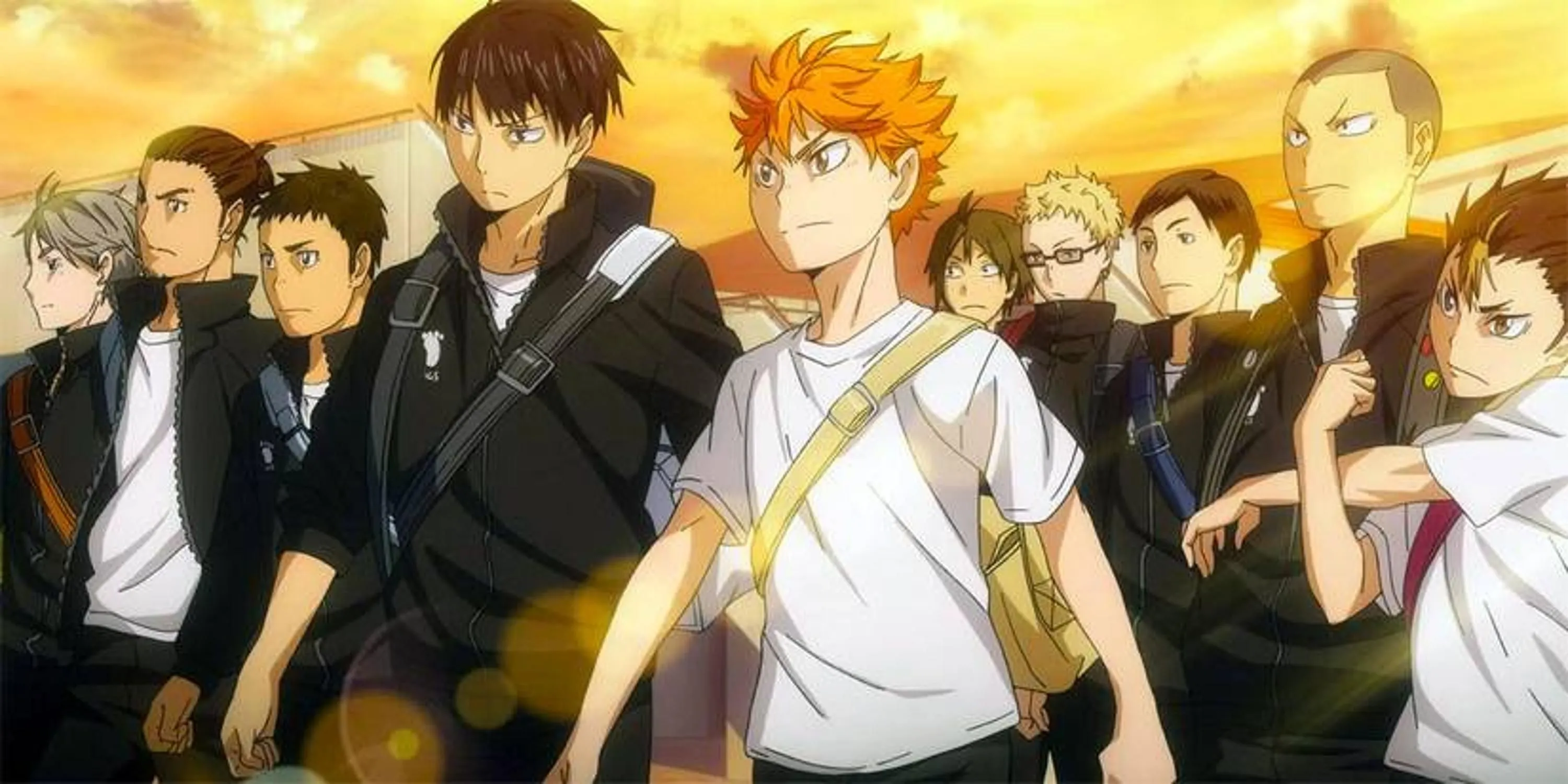 Đội bóng chuyền Karasuno trong anime Haikyuu!! ăn mừng chiến thắng