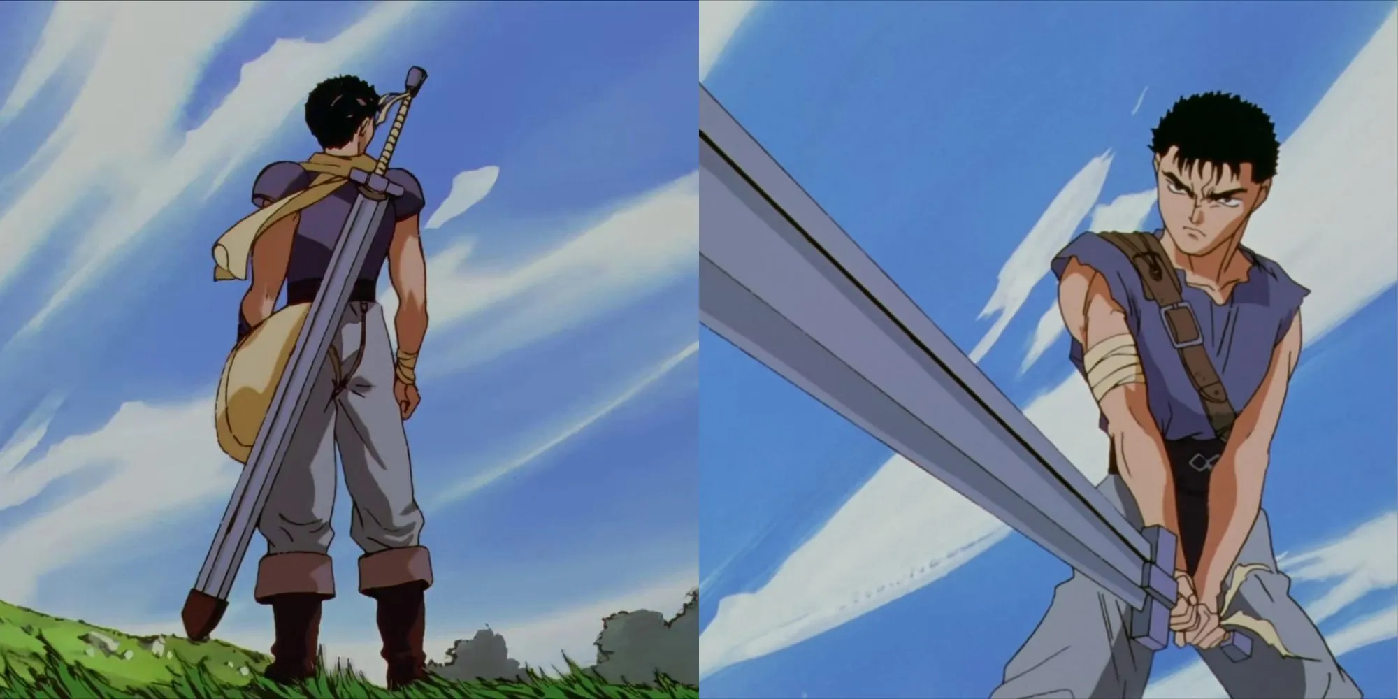Guts với thanh đại kiếm Dragonslayer khổng lồ trên vai trong anime Berserk 1997.