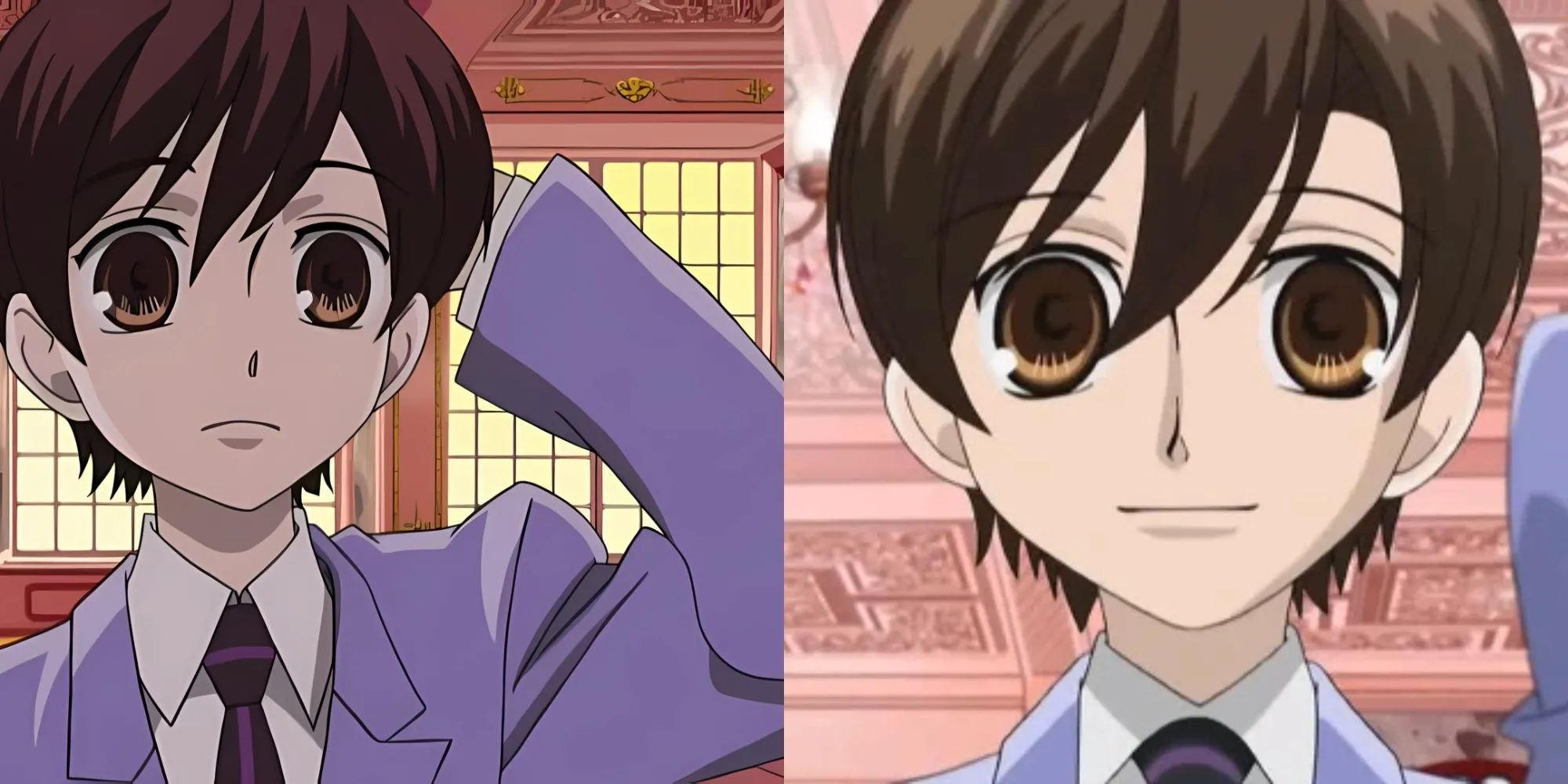 Haruhi Fujioka trong Ouran High School Host Club với vẻ mặt điềm tĩnh giữa khung cảnh hỗn loạn, biểu thị sự thực dụng
