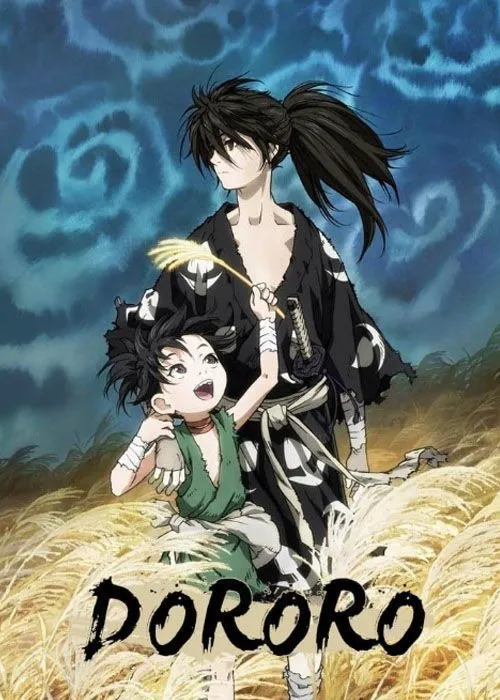 Hình ảnh bìa anime Dororo, khắc họa Hyakkimaru và Dororo trên đồng lúa