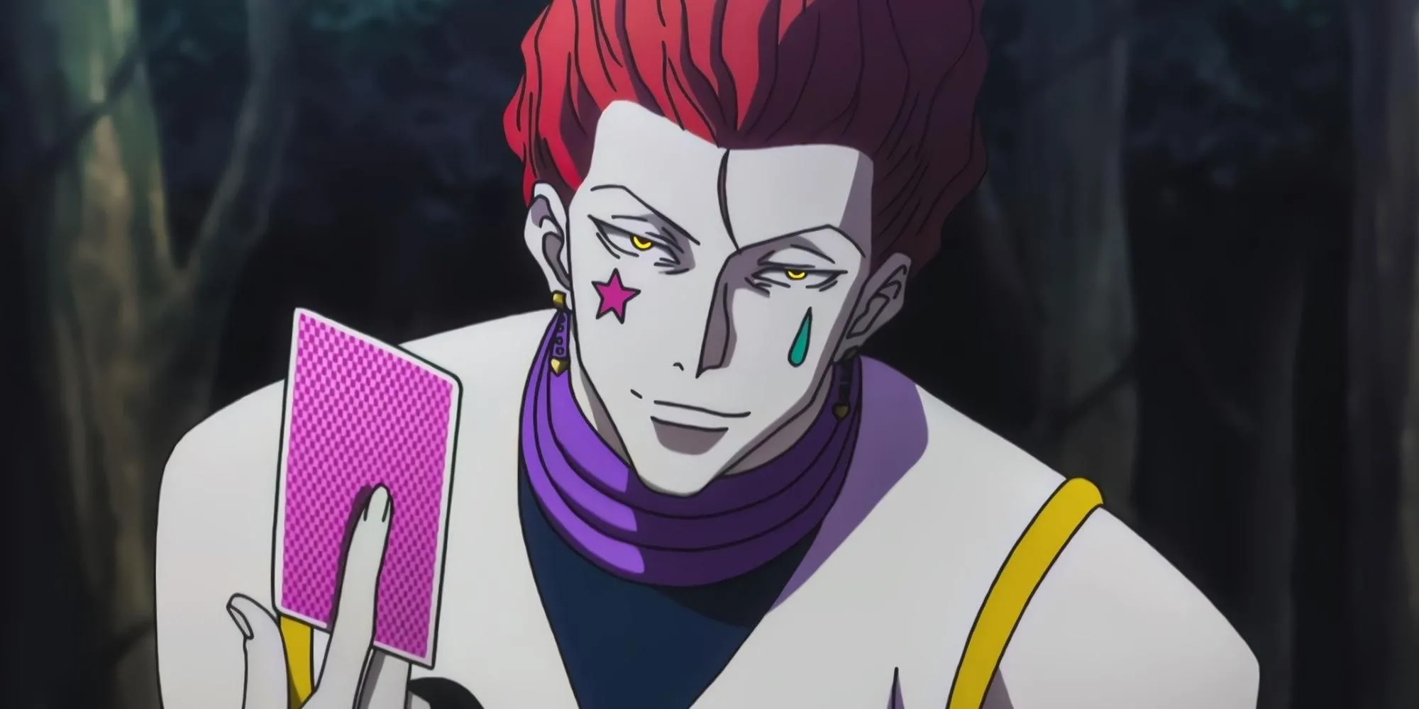 Hisoka Morow trong Hunter x Hunter với vẻ ngoài bí ẩn và nụ cười nham hiểm