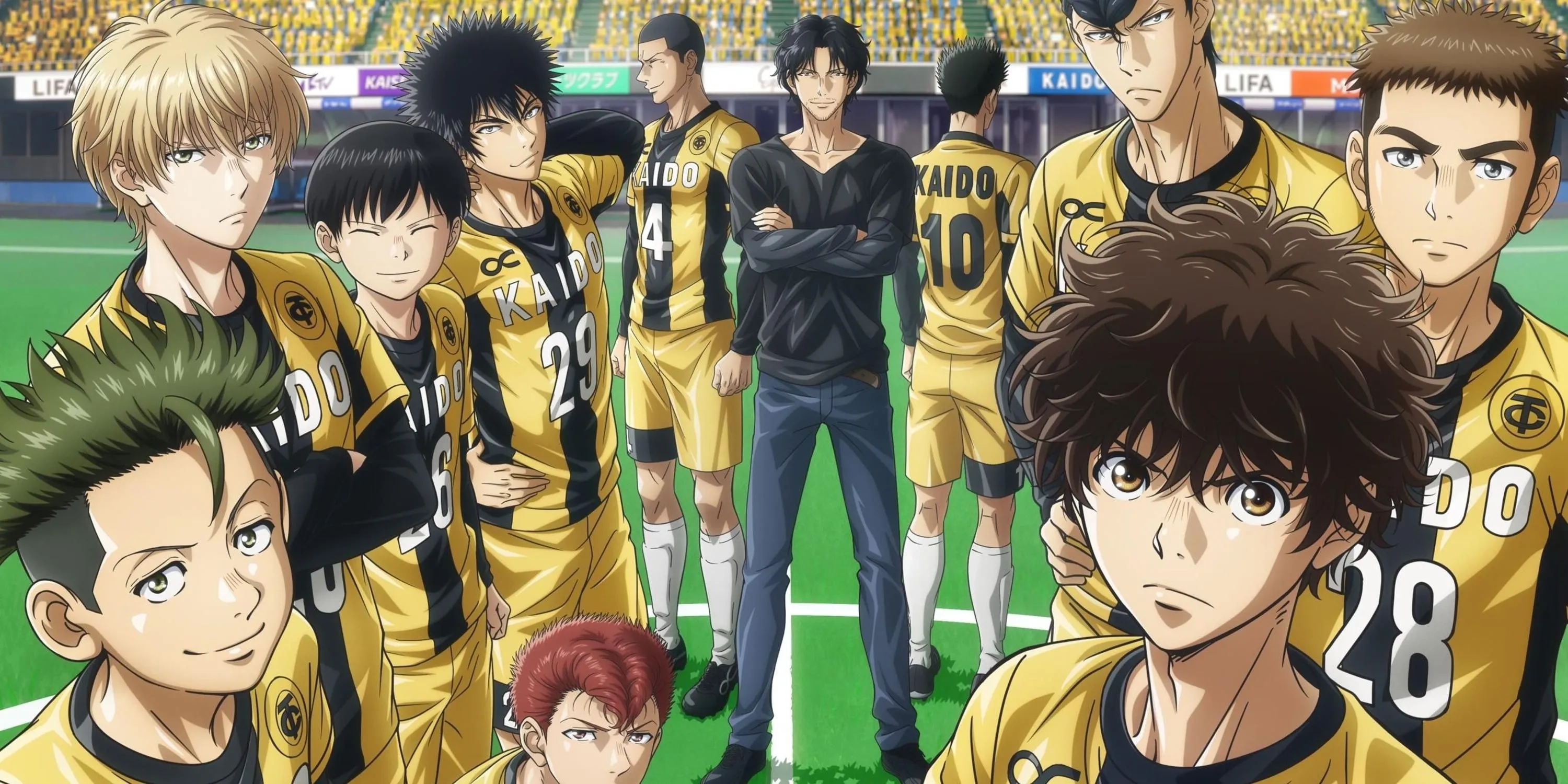 Huấn luyện viên Fukuda cùng các cầu thủ trẻ của Tokyo City Esperion trong anime bóng đá Aoashi.