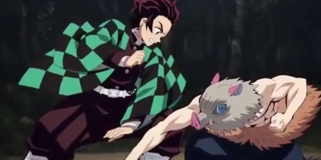 Inosuke Hashibira và Tanjiro Kamado từ Demon Slayer, cạnh tranh hài hước một chiều
