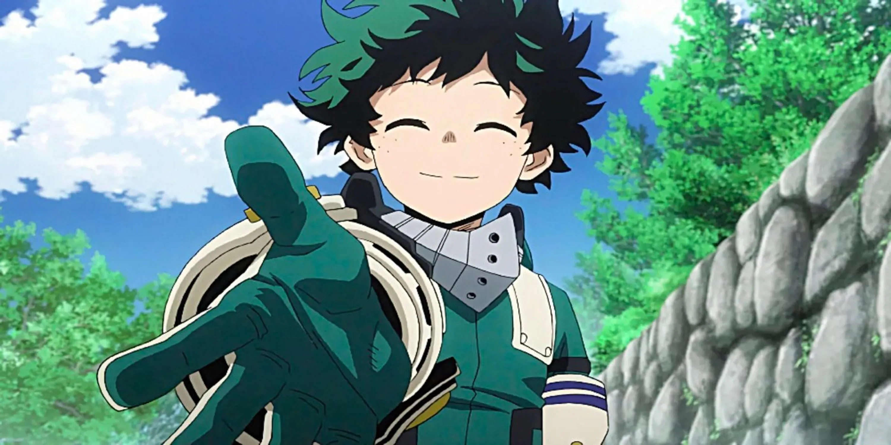 Izuku Midoriya với vẻ mặt quyết tâm, sẵn sàng chiến đấu trong My Hero Academia