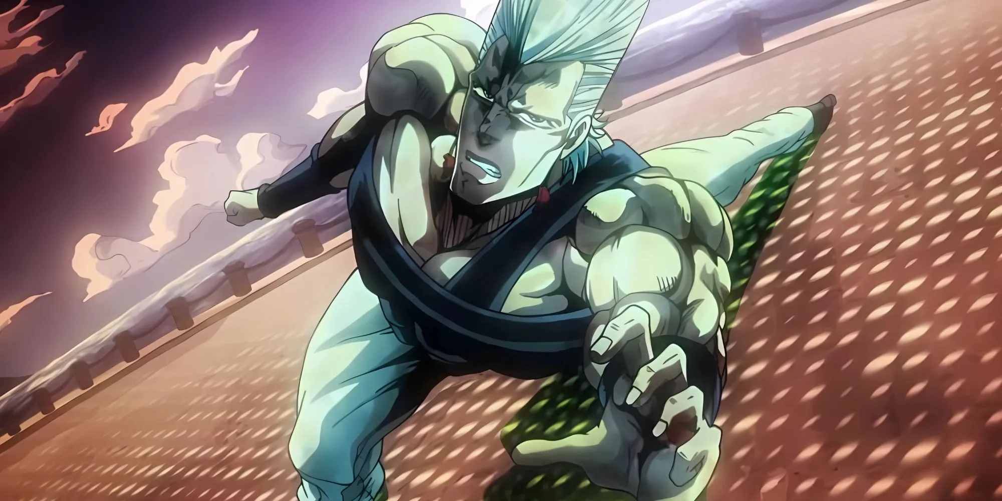 Jean-Pierre Polnareff trong tạo dáng nghiêng người phi lý, thể hiện sự kịch tính