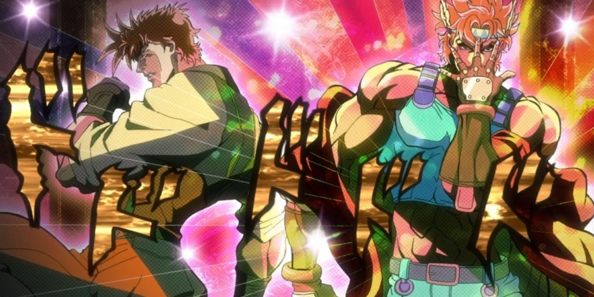 Joseph Joestar và Caesar Zeppeli trong tạo dáng dựa lưng vào nhau, biểu tượng của sự cạnh tranh và tin cậy