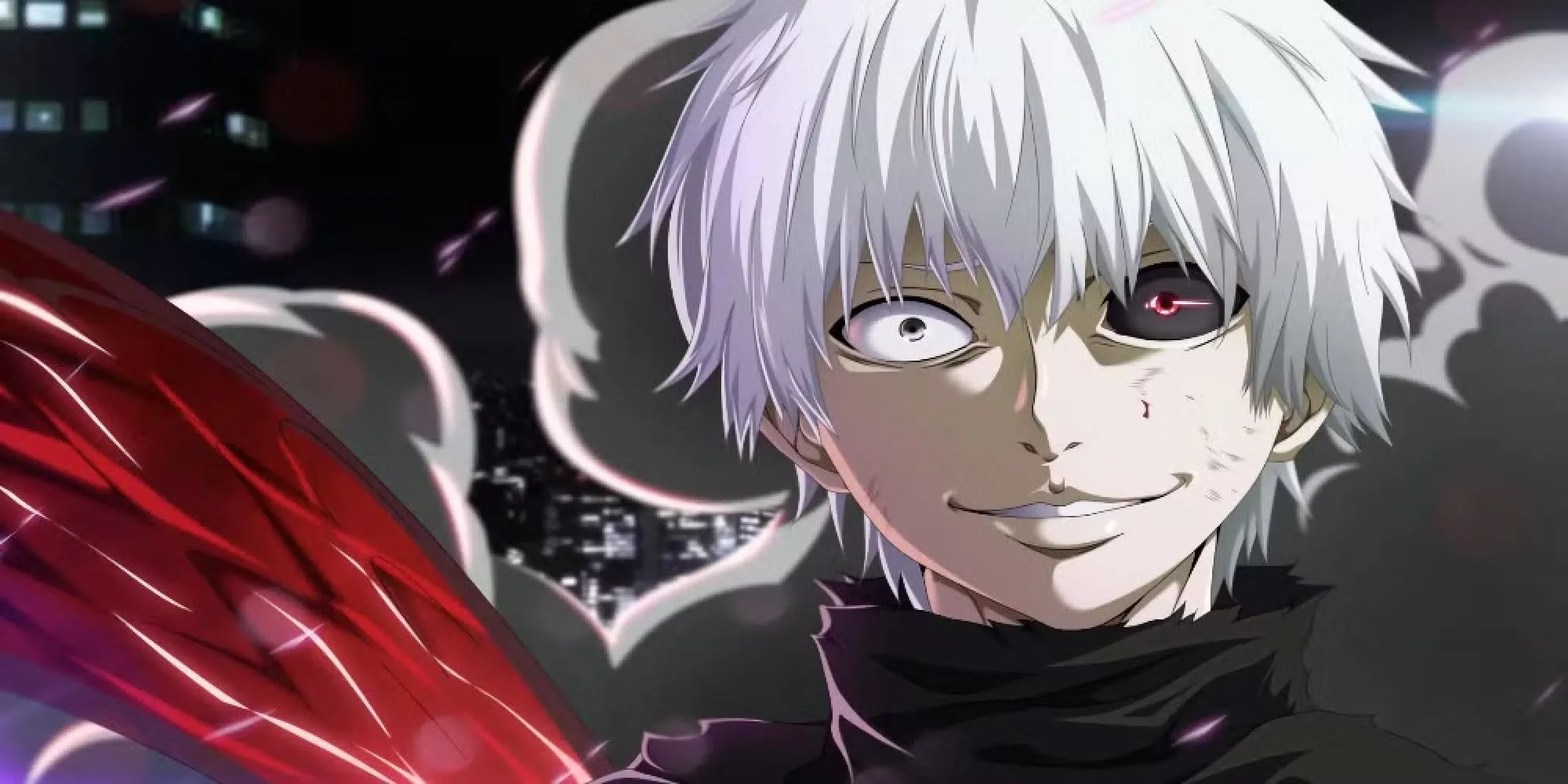 Ken Kaneki với mái tóc trắng và một mắt ghoul đỏ trong Tokyo Ghoul