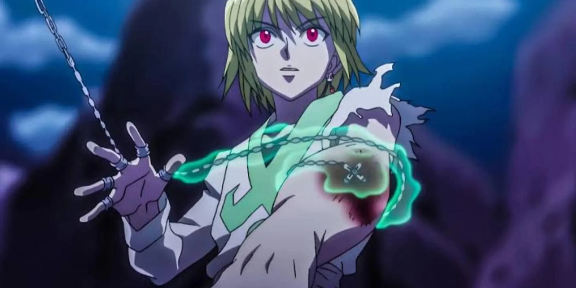Kurapika trong Hunter x Hunter với đôi mắt Hỏa Tinh màu đỏ