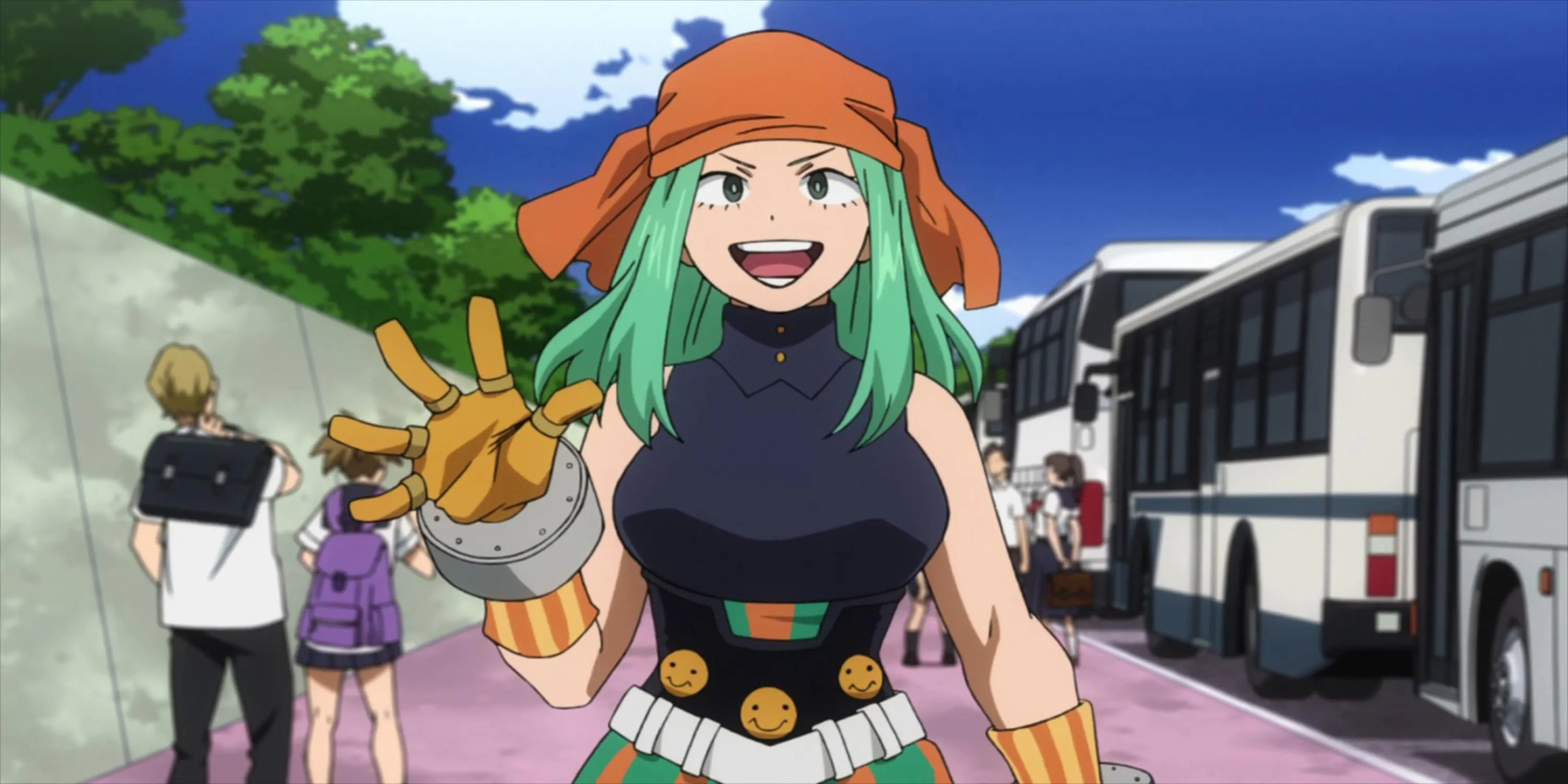 Nữ anh hùng Ms. Joke (Emi Fukukado) với nụ cười đặc trưng và Quirk Outburst trong My Hero Academia