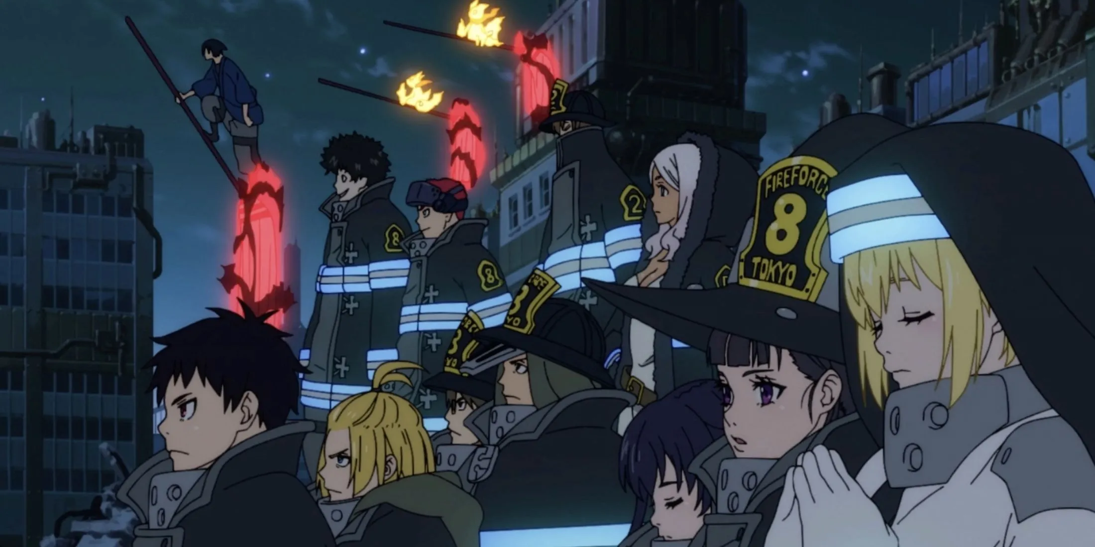 Poster Fire Force Mùa 3 với Shinra và các thành viên Đội 8