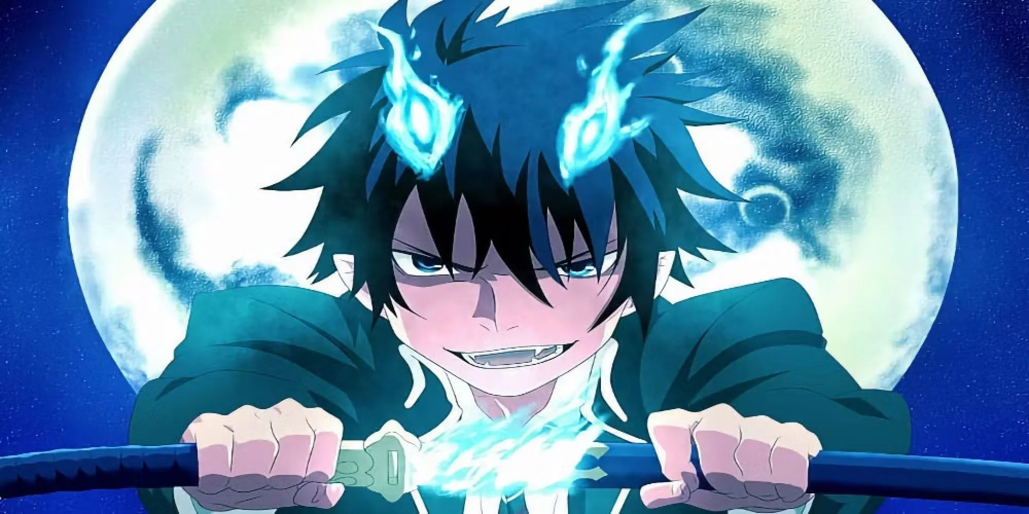 Rin Okumura bùng cháy ngọn lửa xanh đặc trưng trong anime Blue Exorcist