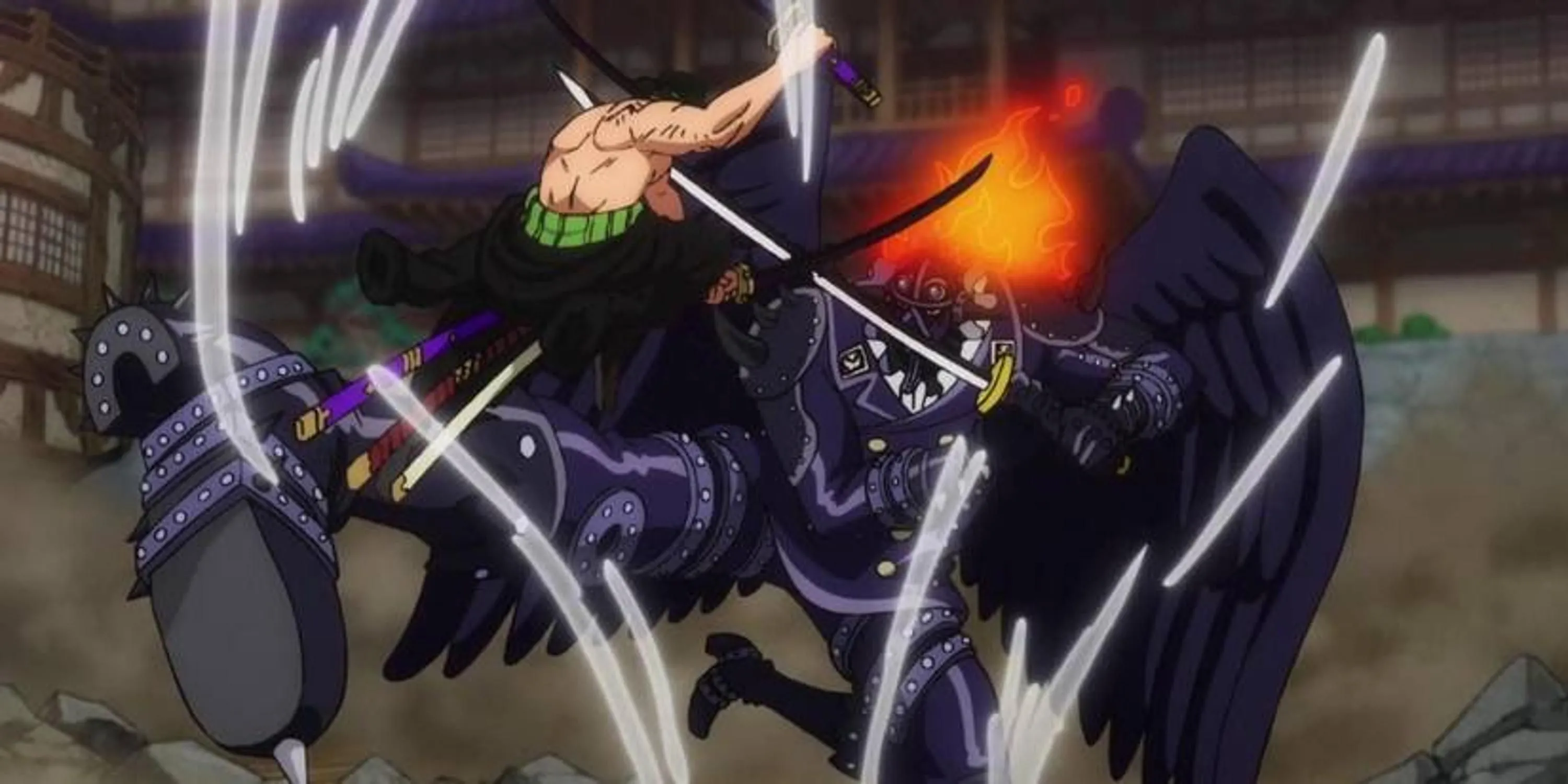 Roronoa Zoro sử dụng Tam Kiếm Phái trong trận đấu đỉnh cao với King Bão Lửa tại Onigashima, One Piece tập 1062