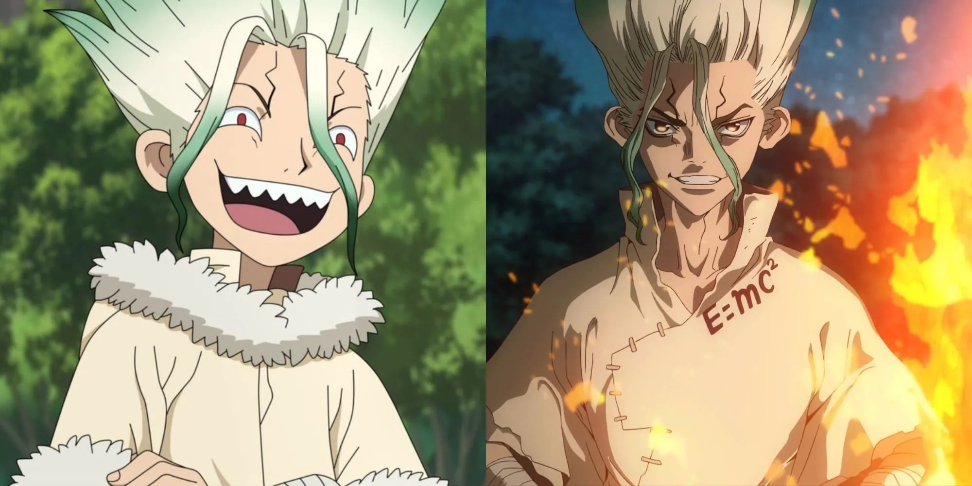 Senku Ishigami trong Dr. Stone với nụ cười tự tin và biểu tượng khoa học, thể hiện niềm đam mê sáng tạo