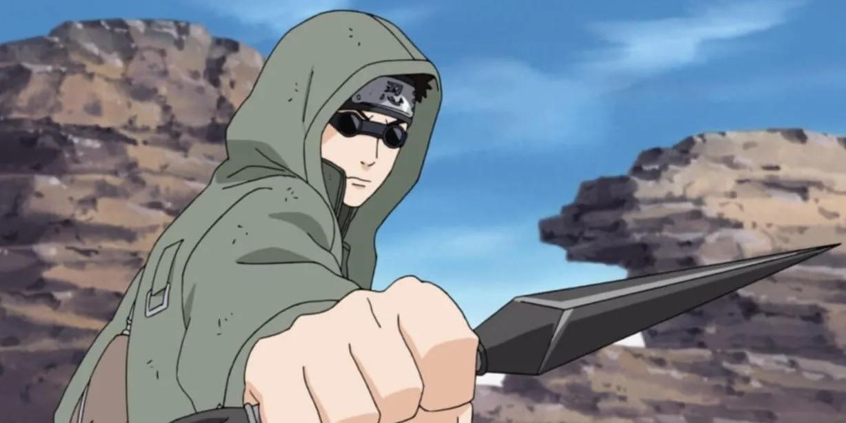 Shino Aburame với lớp áo khoác và kính râm đặc trưng
