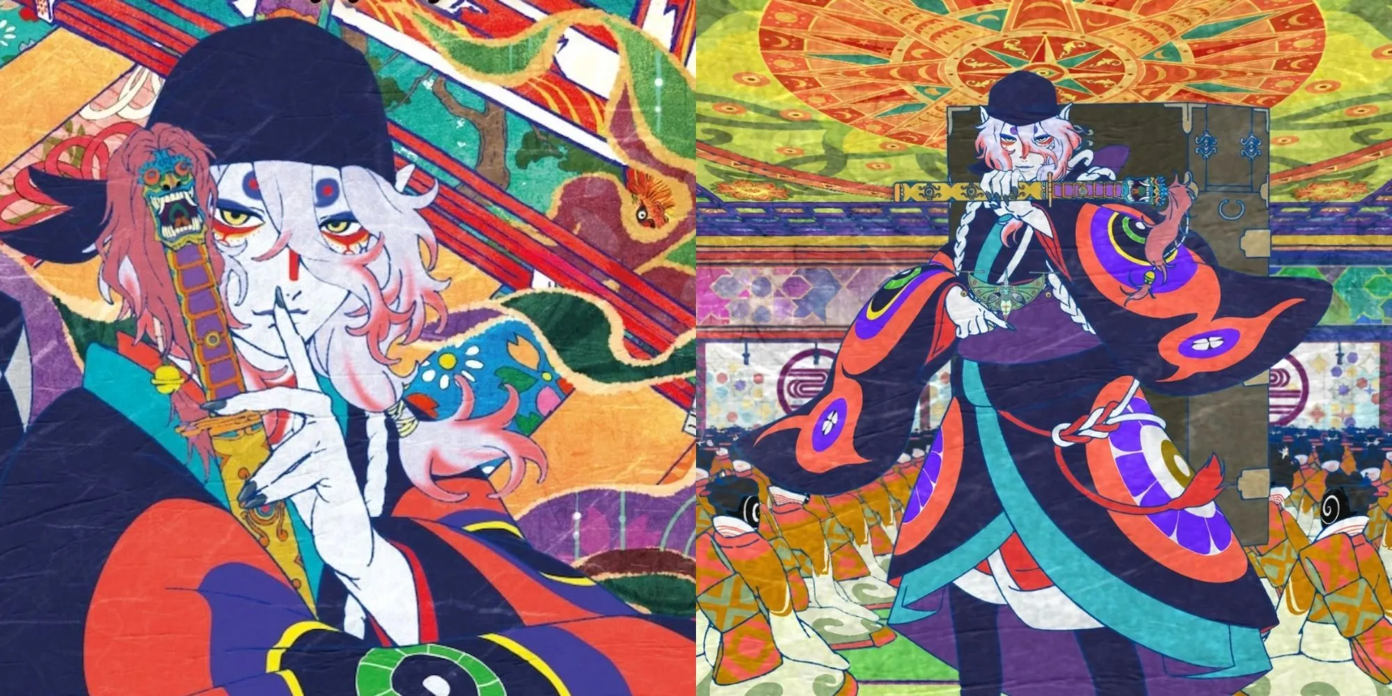 The Medicine Seller trong Mononoke với vẻ ngoài bí ẩn và công cụ trừ tà, biểu tượng cho trí tuệ siêu nhiên