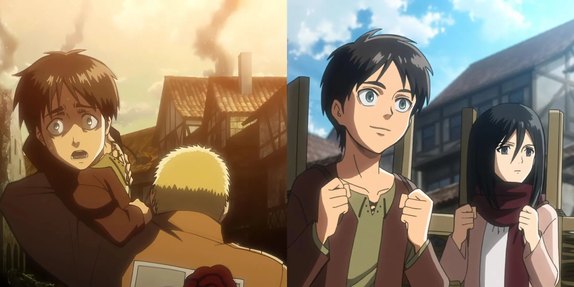 Titan Đại Hình xuất hiện và nhìn qua Tường Maria trong tập mở đầu Attack on Titan