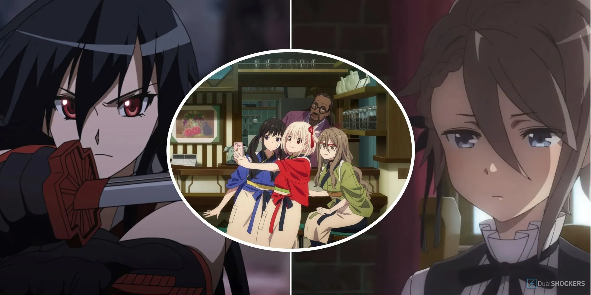 Tổng hợp hình ảnh các nhân vật anime tiêu biểu như Akame (Akame Ga Kill!), dàn nhân vật Lycoris Recoil và Ange (Princess Principal)
