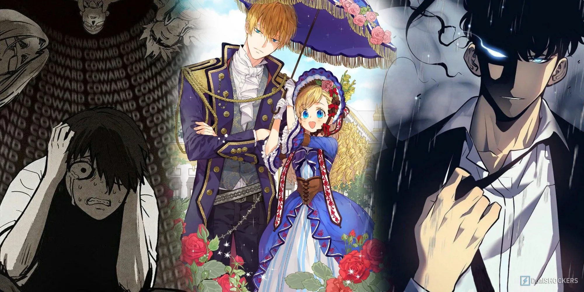 Top manhwa hoàn thành hay nhất, bao gồm Bastard, Who Made Me a Princess, Solo Leveling trên một ảnh ghép bìa truyện