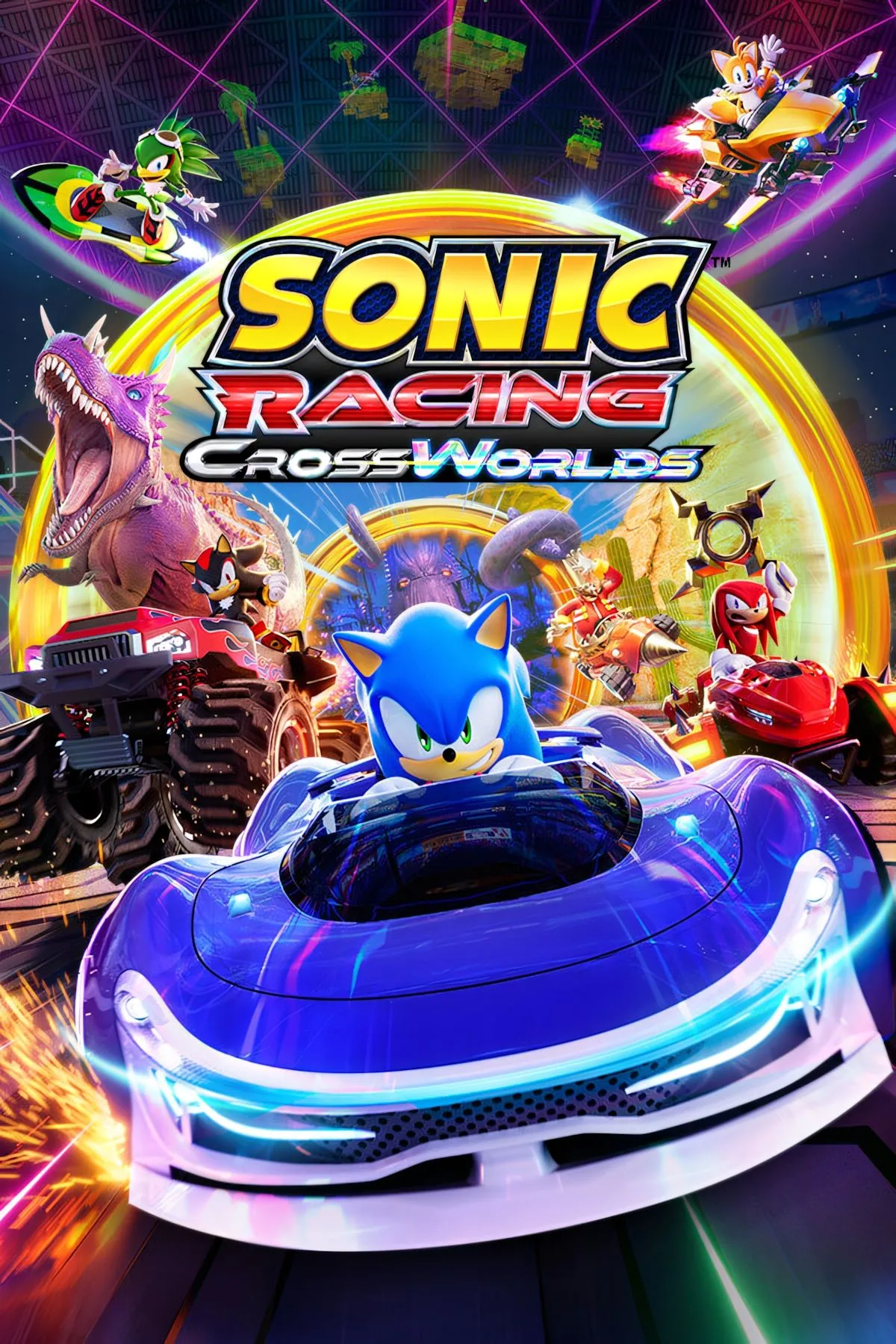 Ảnh bìa chính thức của game Sonic Racing: CrossWorlds, thể hiện các nhân vật đua xe qua nhiều chiều không gian