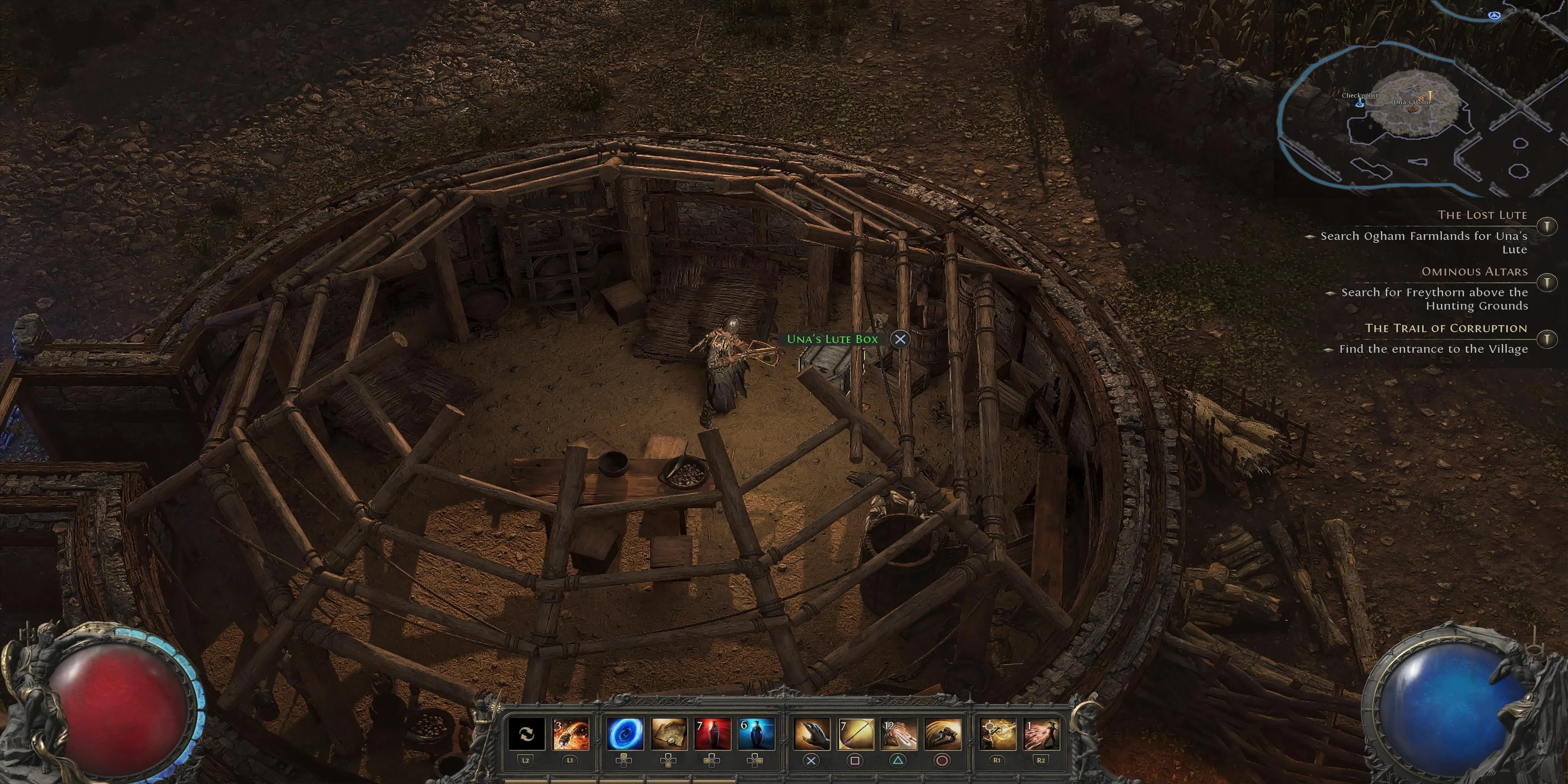 Cảnh người chơi đứng cạnh NPC Una trong bản beta Path of Exile 2