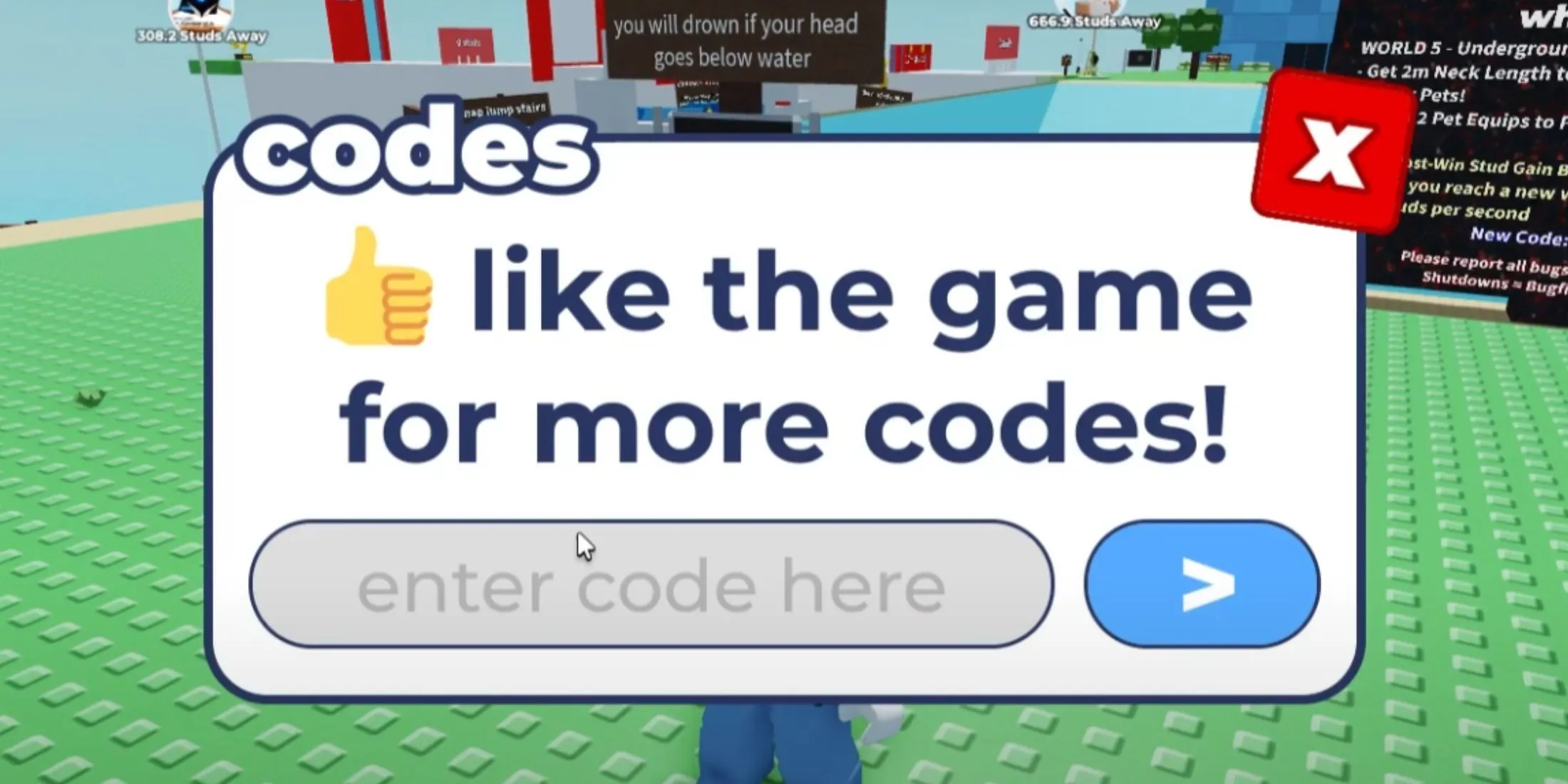 Giao diện đổi mã code trong game Every Second Your Neck Grows Roblox