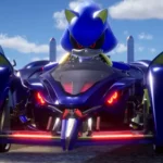 Metal Sonic tùy chỉnh phương tiện trong Sonic Racing CrossWorlds, thể hiện tính năng tùy biến và vật phẩm hỗ trợ