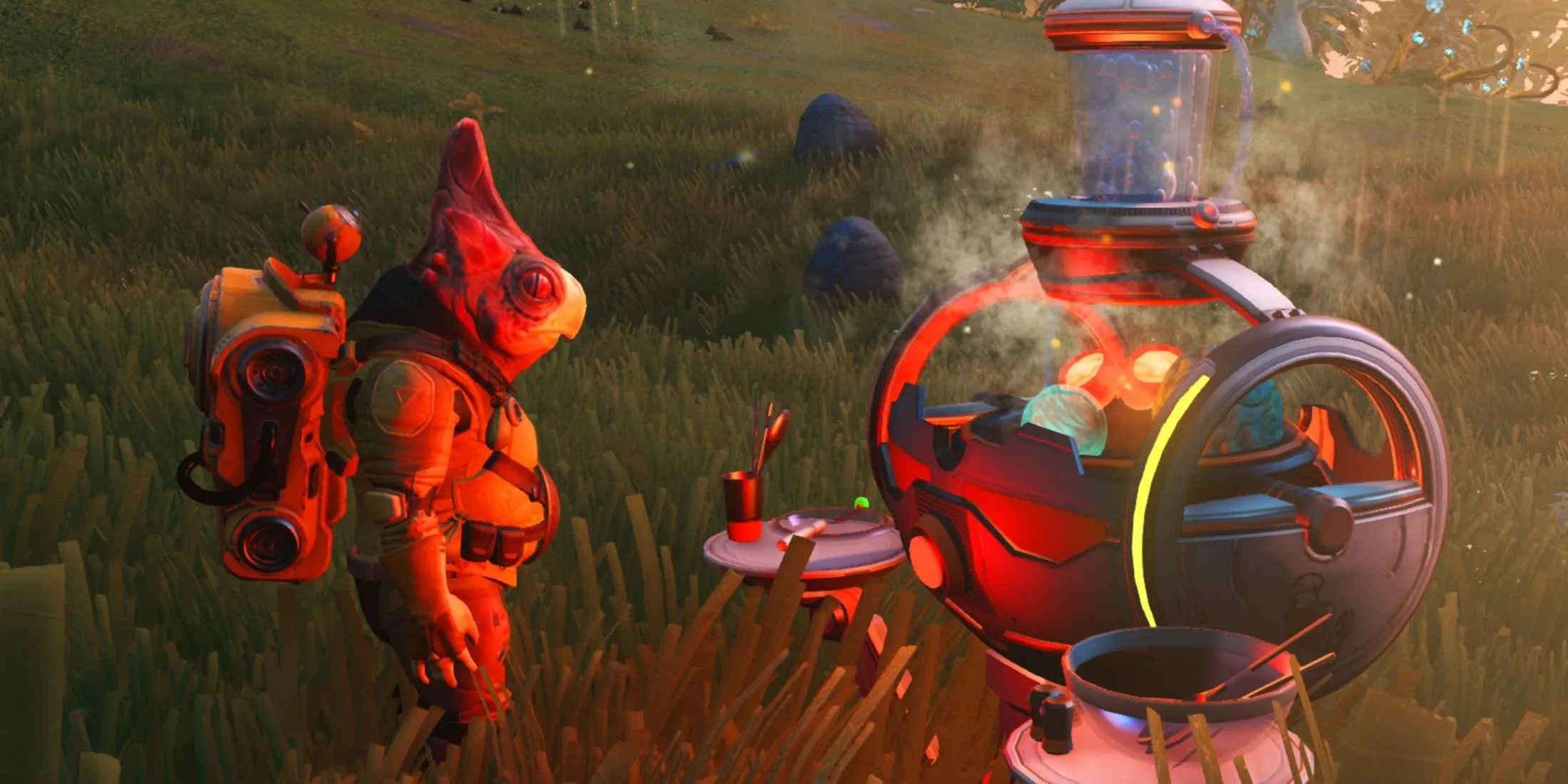 Một người chơi No Man's Sky đang thực hiện thao tác nấu ăn trong game, minh họa cách kiếm tiền hiệu quả.