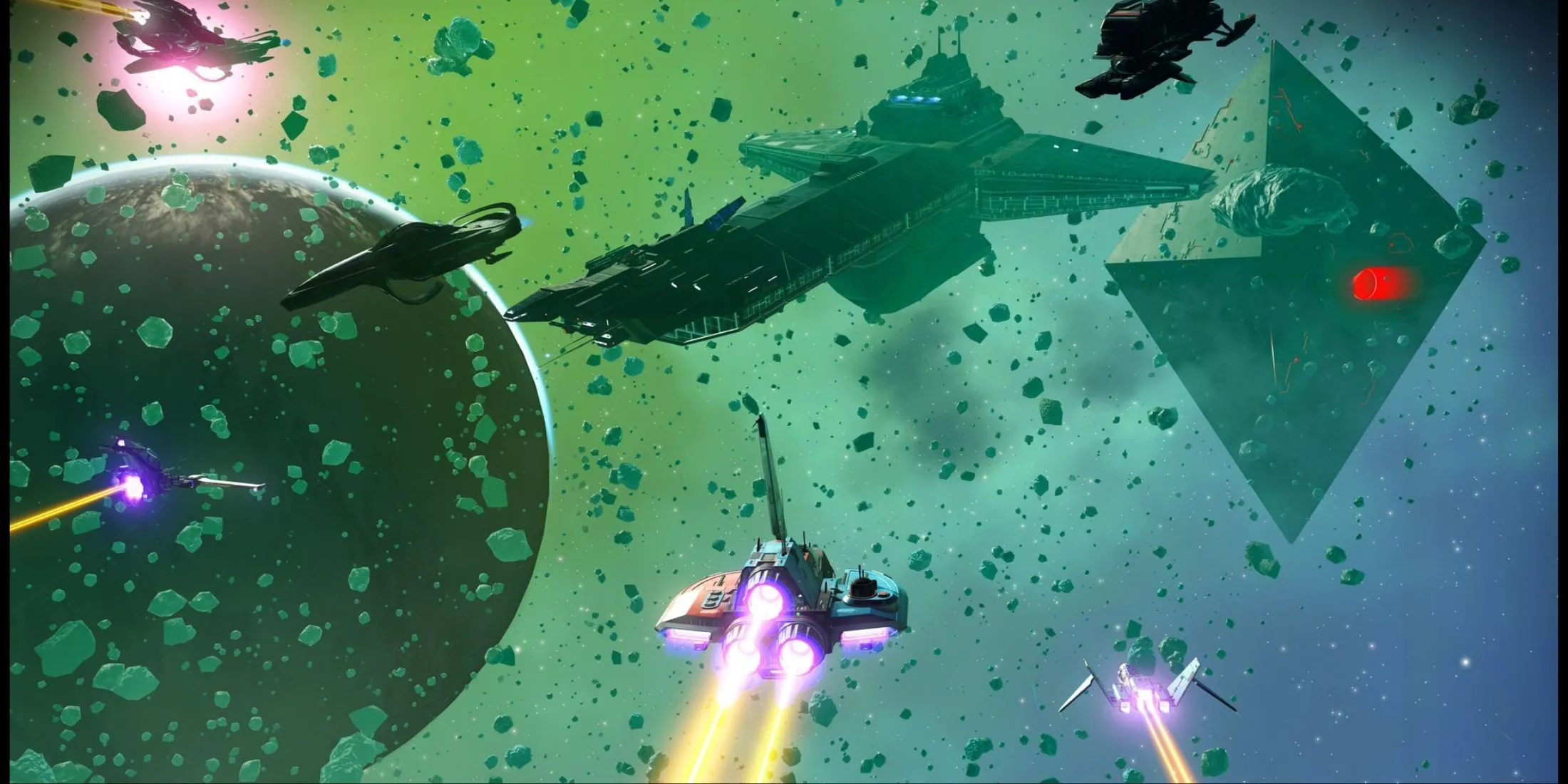 Một tàu tuần dương khổng lồ của người chơi di chuyển trong không gian bao la của No Man's Sky, minh họa quy mô hạm đội.