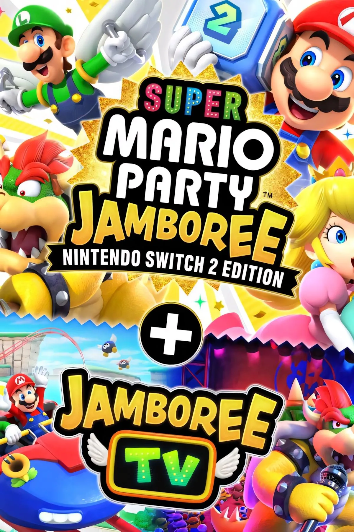 Ảnh quảng bá chính thức của Super Mario Party Jamboree Nintendo Switch 2 Edition, nổi bật với các nhân vật Mario trong không khí lễ hội rực rỡ.