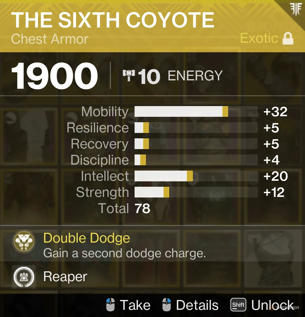 Áo Exotic Sixth Coyote trong Destiny 2 với chỉ số Mobility và Intellect cao, ví dụ về chỉ số giáp.