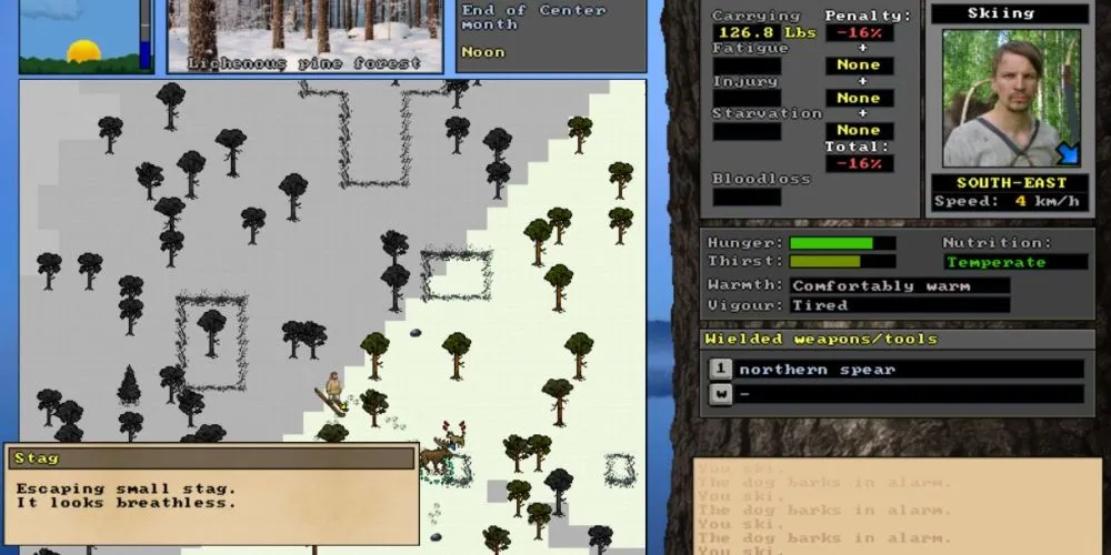 Bản đồ pixel trong Unreal World hiển thị vị trí người chơi và cây cối, cùng menu bên cạnh.
