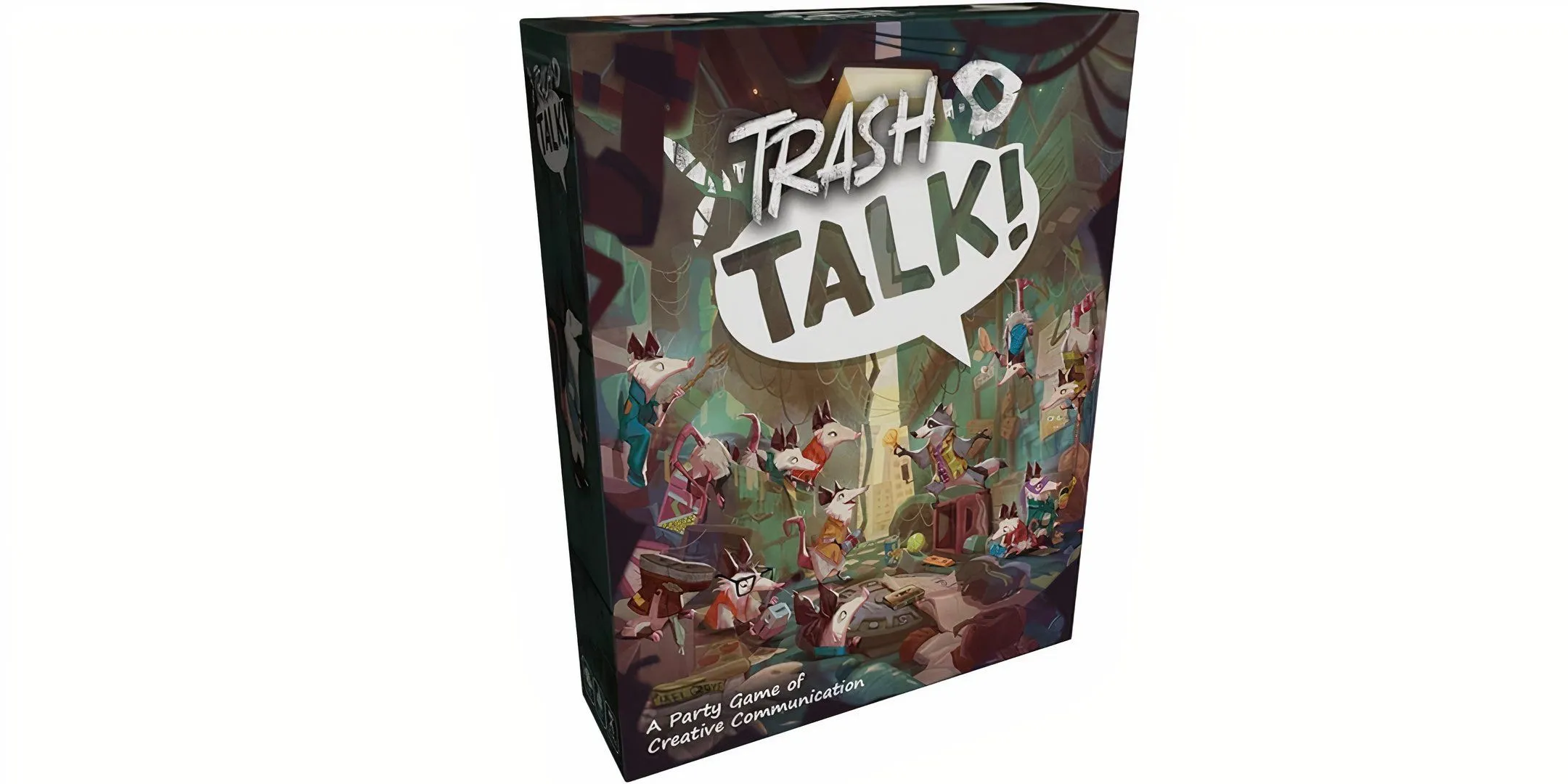 Bìa hộp board game Trash Talk với hình ảnh những chú gấu trúc và chồn hôi trong bãi phế liệu, một game liên tưởng vật phẩm