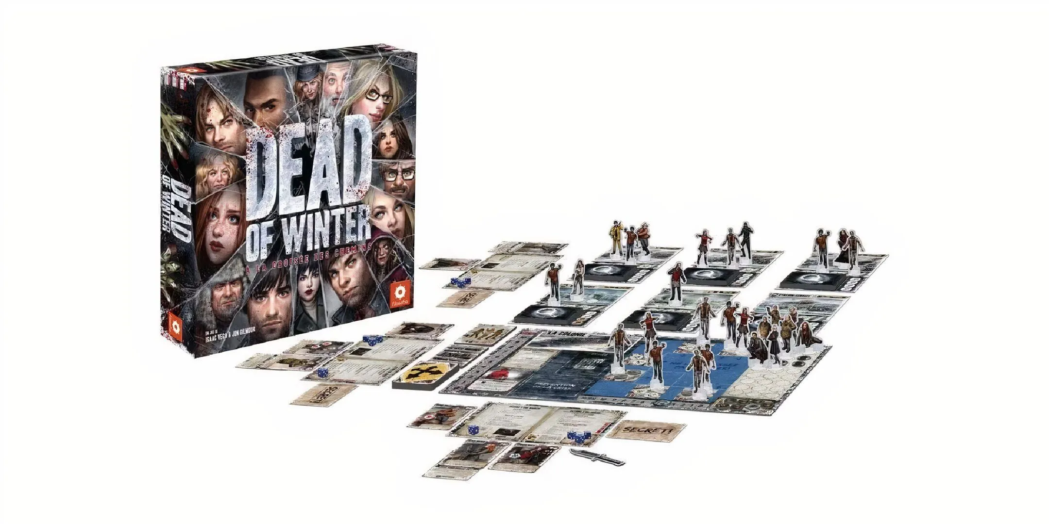 Bìa trò chơi board game Dead of Winter và bàn chơi được thiết lập với các hình nhân và thẻ bài.