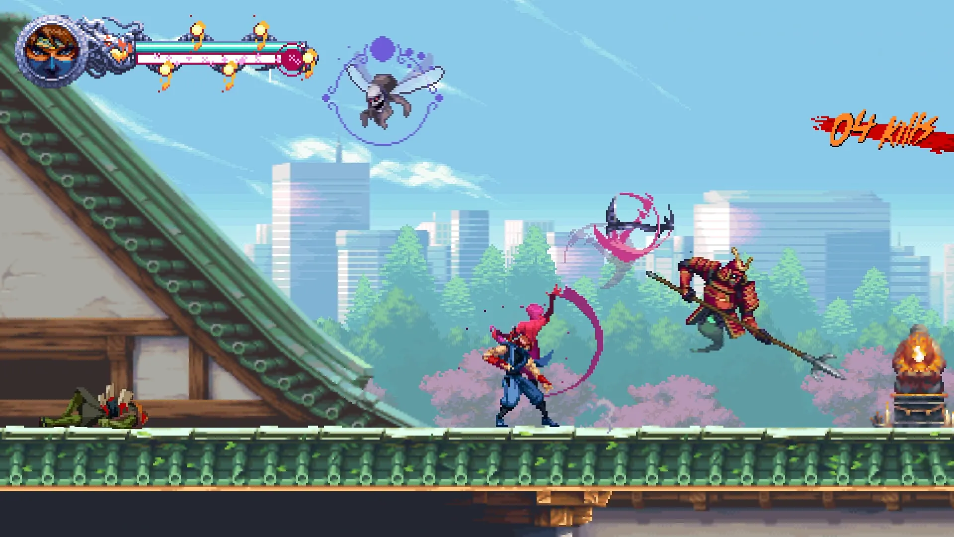 Cảnh Kenji và Kumori phối hợp chiến đấu, làm nổi bật cơ chế song kiếm hợp bích trong Ninja Gaiden Ragebound