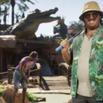 Cảnh người chơi Cal Hampton chơi golf mini trong thế giới chi tiết của Grand Theft Auto 6, minh họa đồ họa ấn tượng
