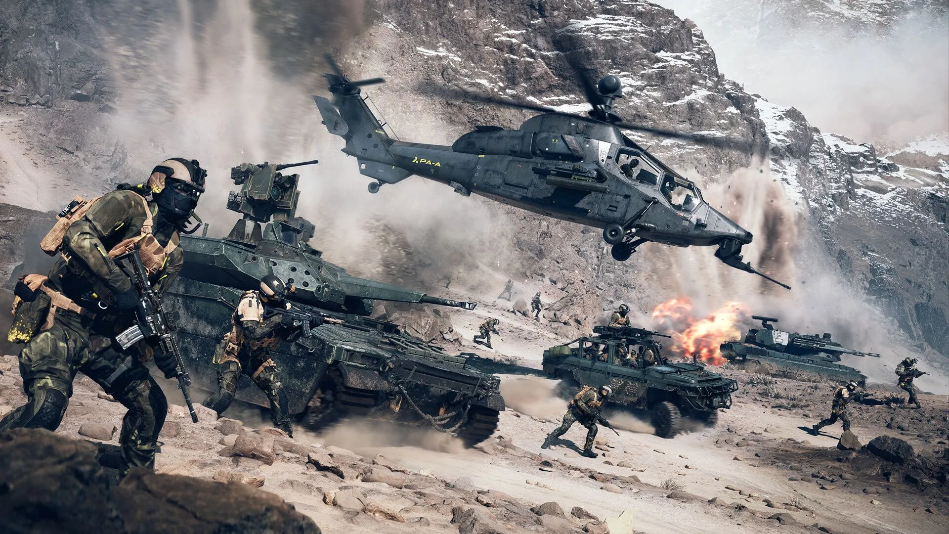 Đoàn quân và phương tiện quân sự trong cảnh hành động kịch tính của Battlefield 6