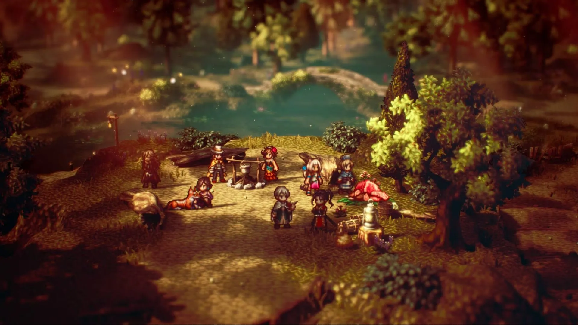 Đội hình nhân vật đa dạng trong Octopath Traveler 2, minh họa phong cách đồ họa HD-2D đặc trưng của Square Enix