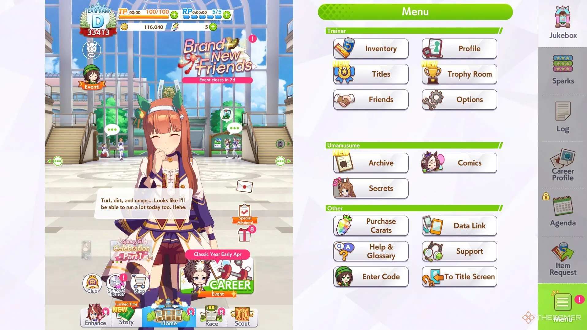 Giao diện dọc tối ưu hiển thị thông tin và nhật ký hoạt động trong Umamusume trên Steam.