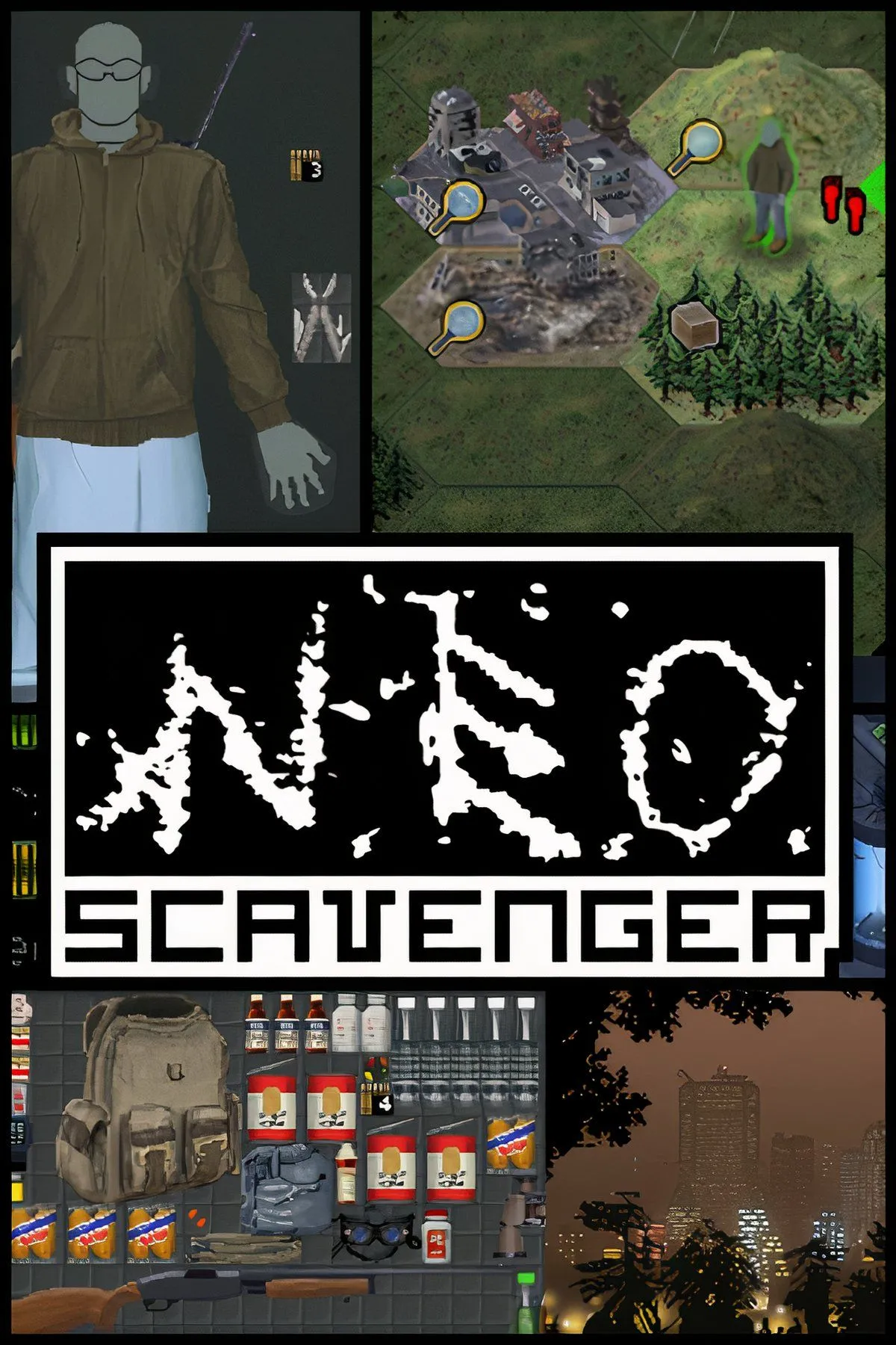 Giao diện trò chơi NEO Scavenger với các ô vật phẩm và chỉ số nhân vật trong bối cảnh hậu tận thế.