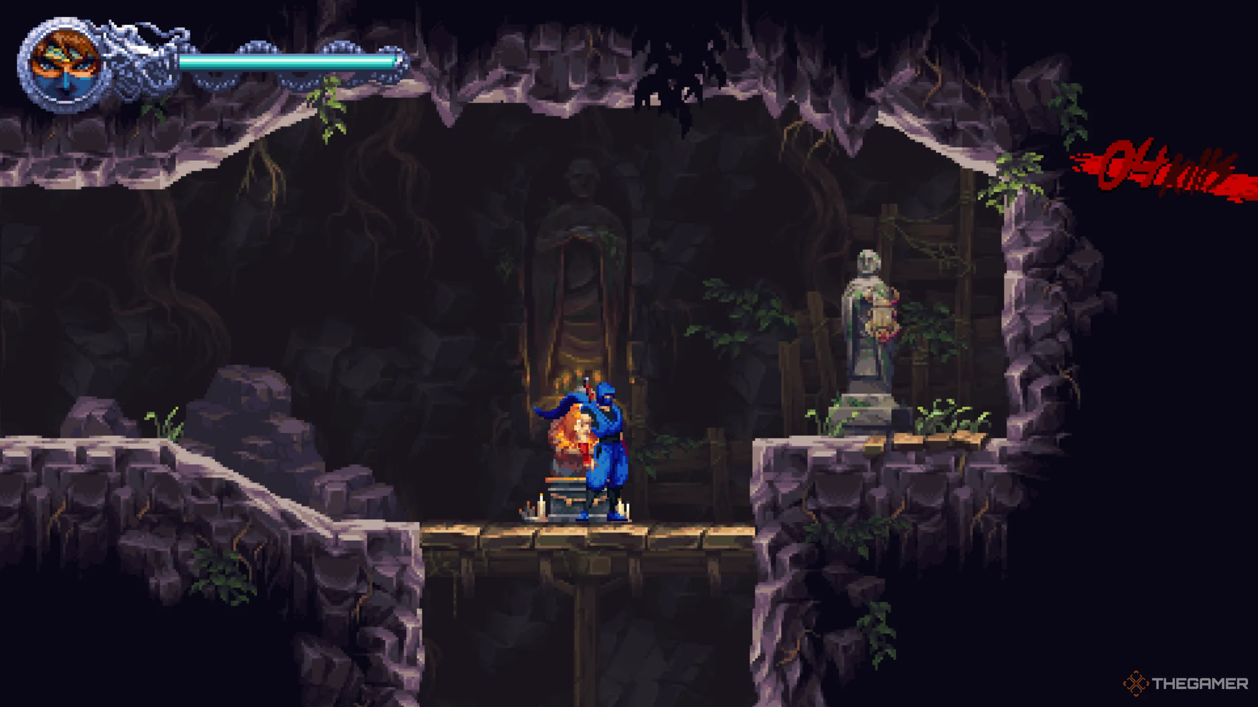 Golden Scarab thứ hai nằm bên phải điểm kiểm tra trong hang động của Ninja Gaiden: Ragebound.