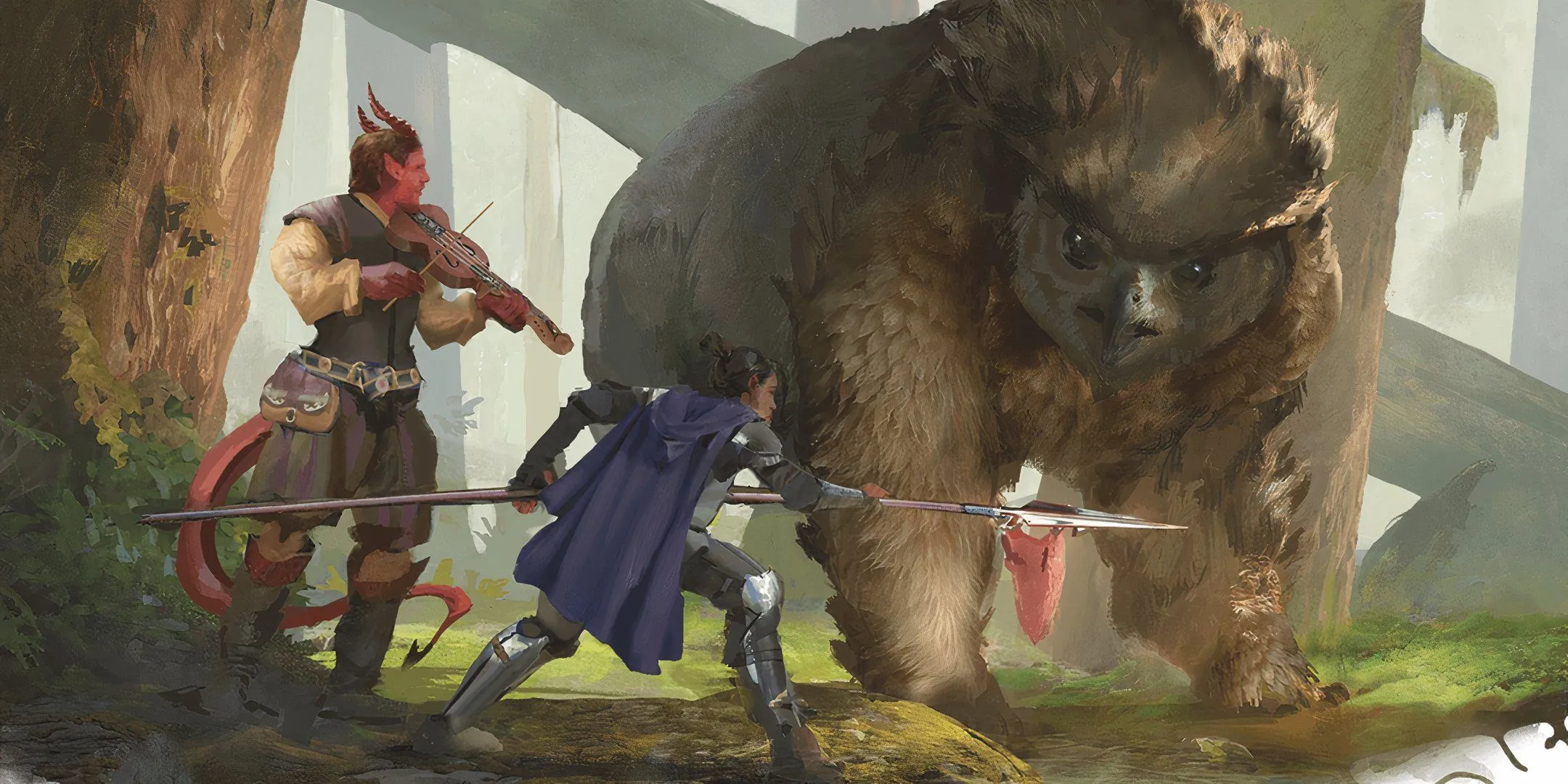 Hai nhà thám hiểm đối thoại với một Owlbear trong D&amp;D.
