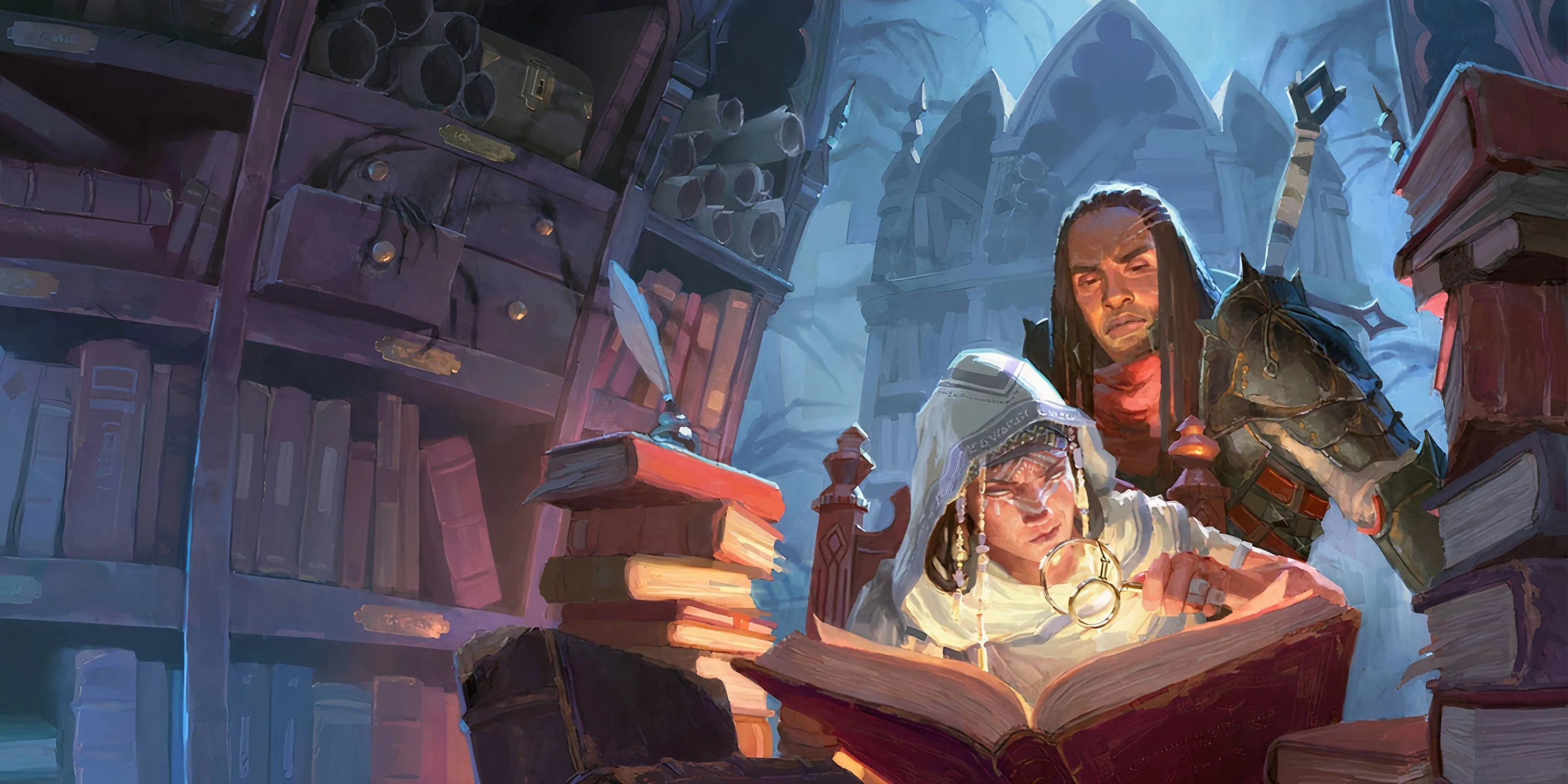 Hai pháp sư nghiên cứu một cuốn sách trong thư viện tối trong Dungeons &amp; Dragons.