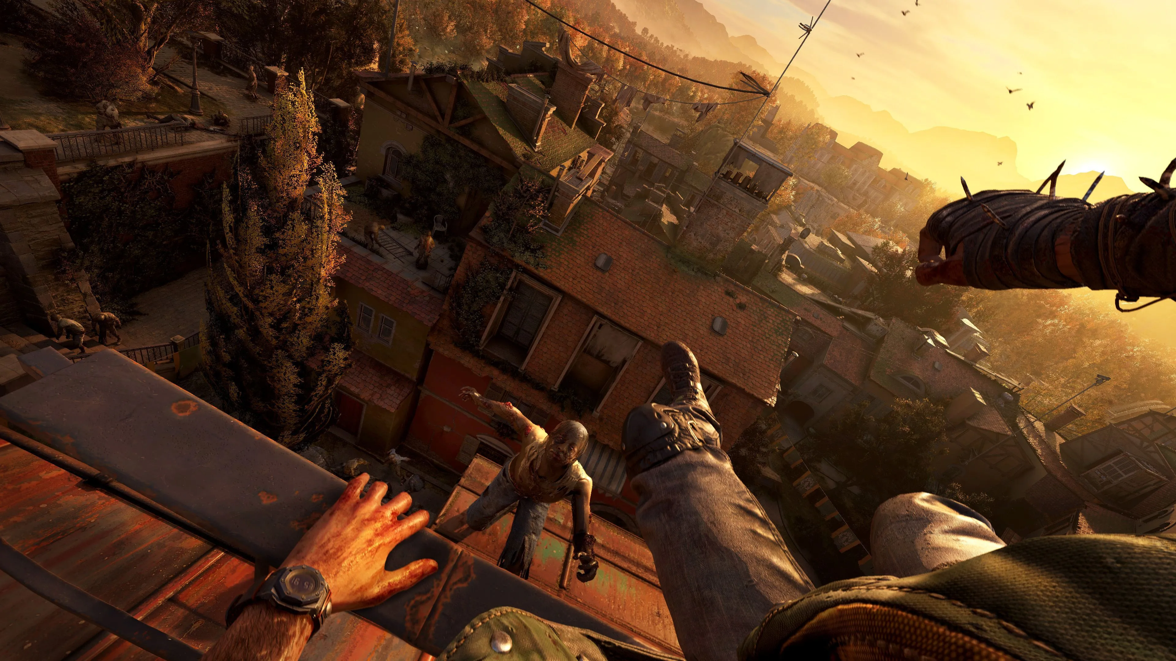 Hệ thống parkour mượt mà của Dying Light The Beast cho phép game thủ đối đầu zombie từ trên cao.