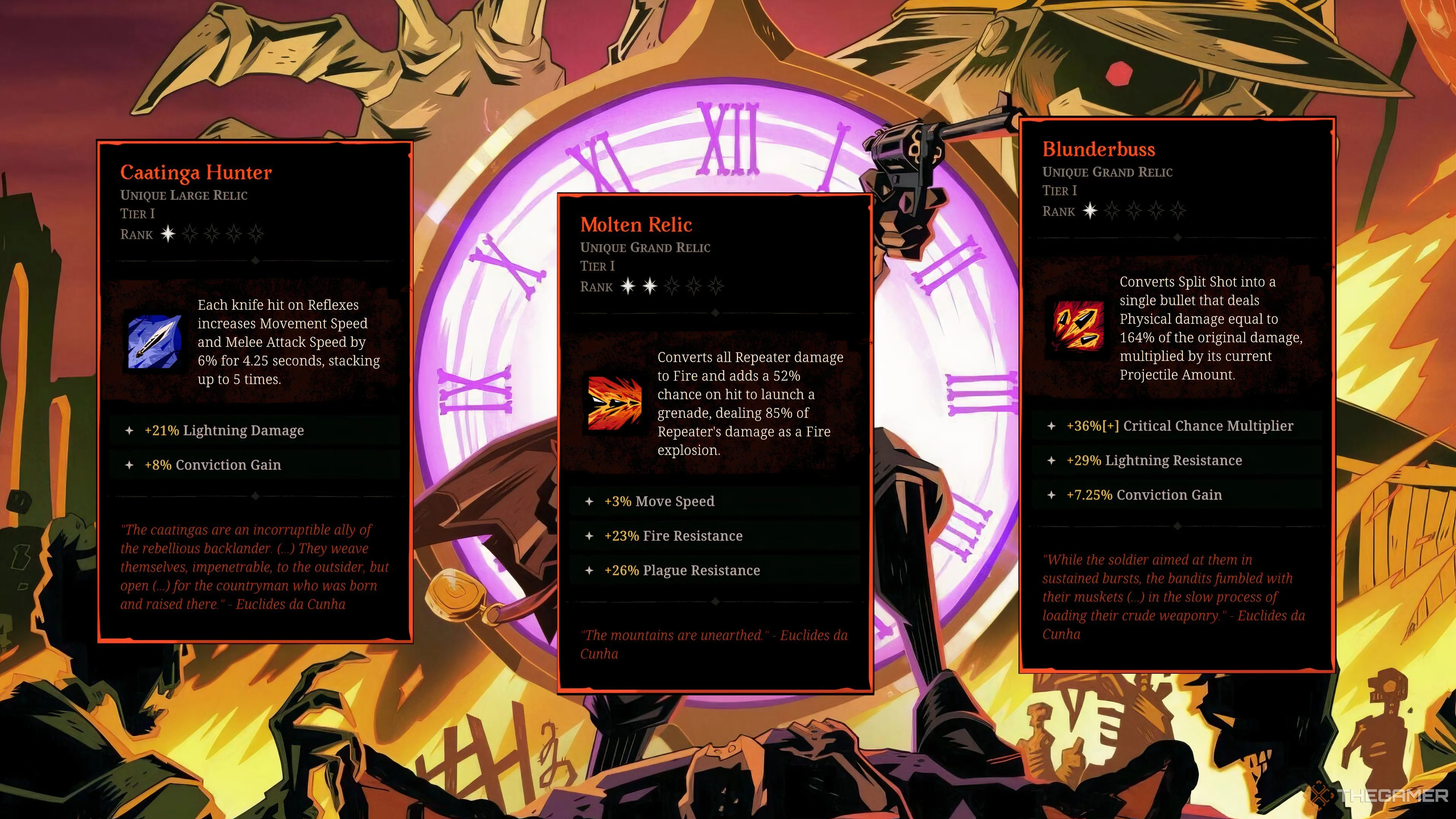 Hình ảnh các di vật hạng A quan trọng trong Hell Clock như Caatinga Hunter, Molten Relic và Blunderbuss.
